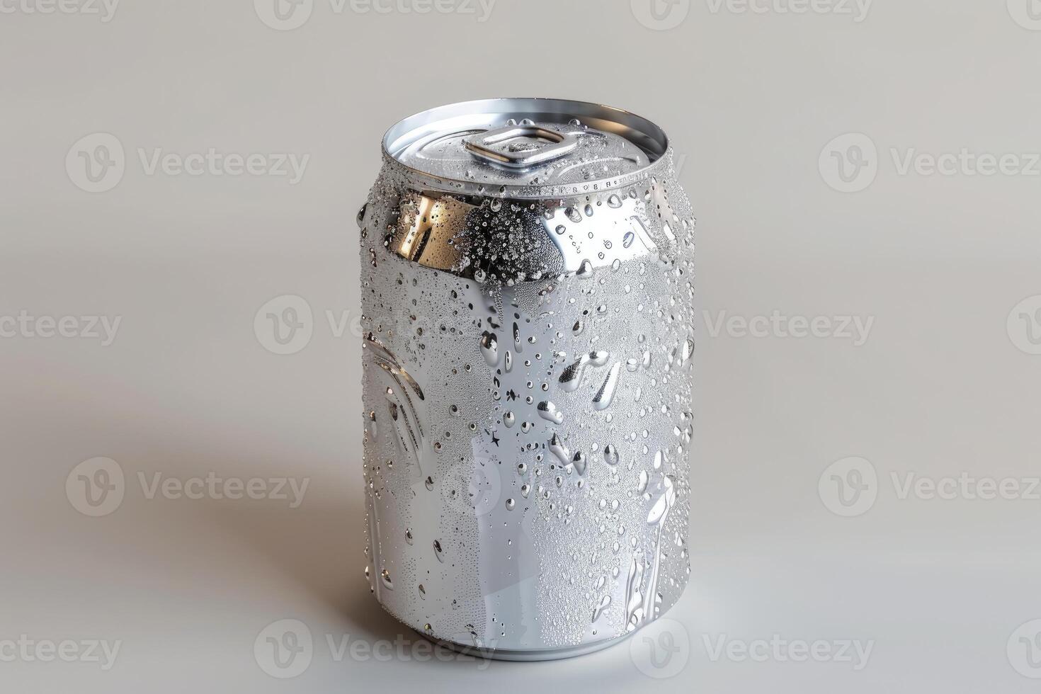 Refreshing aluminum soda can covered with condensation on white background photo