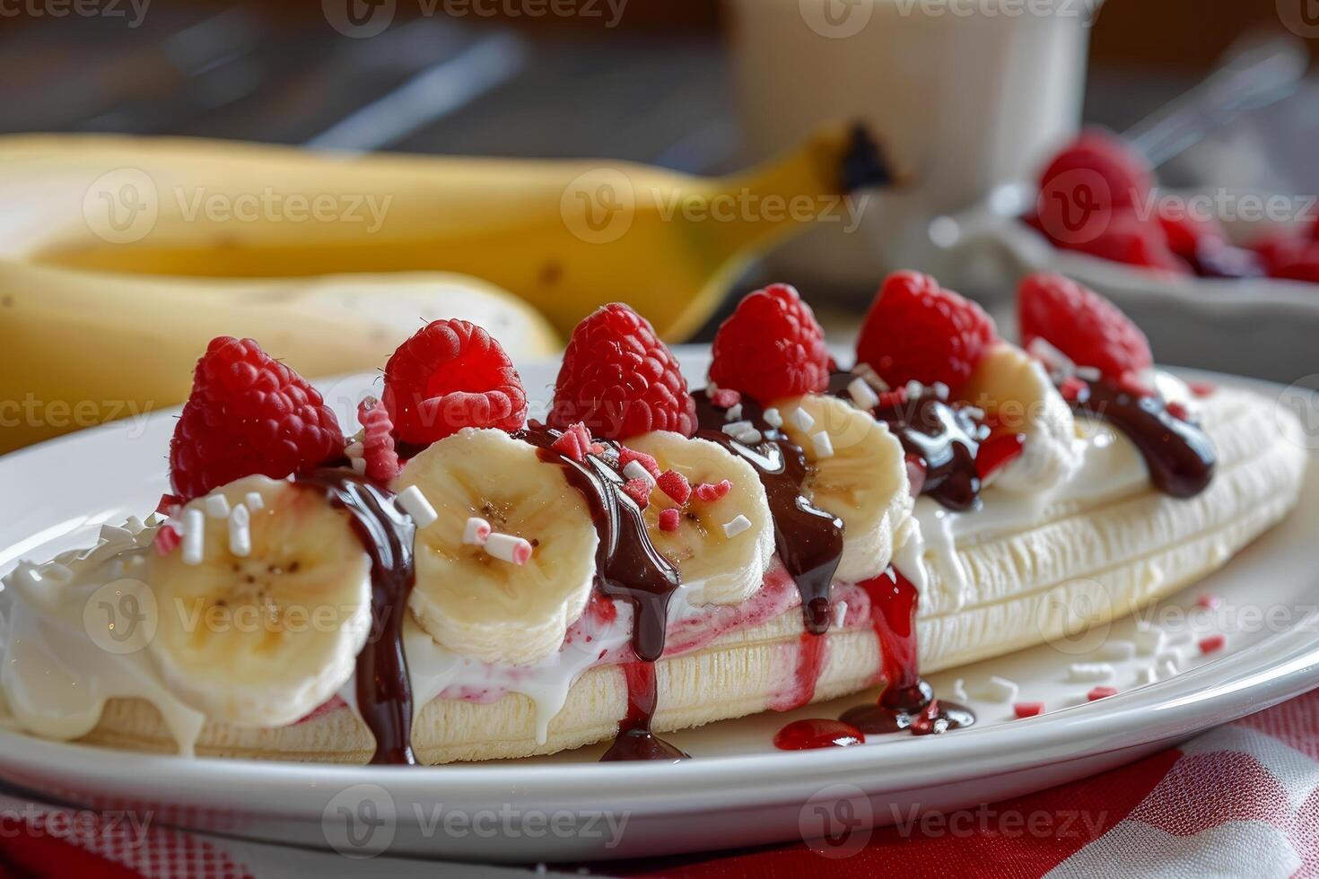 Banana split dessert being drizzled with chocolate sauce and topped with raspberries photo