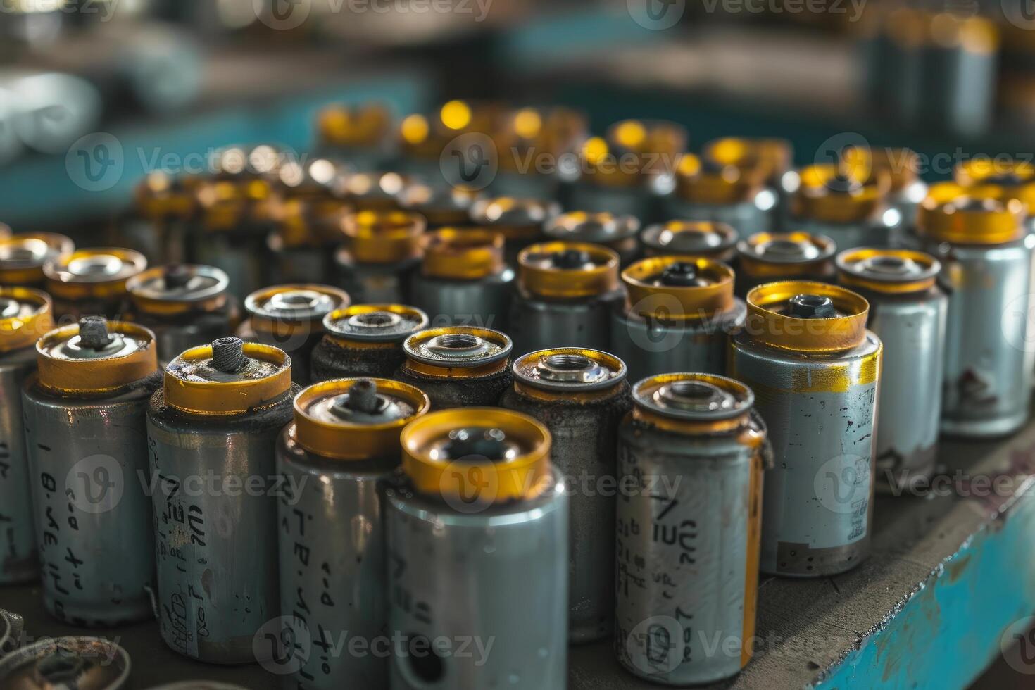 Technician analyzing battery cells for defects in engineering lab photo