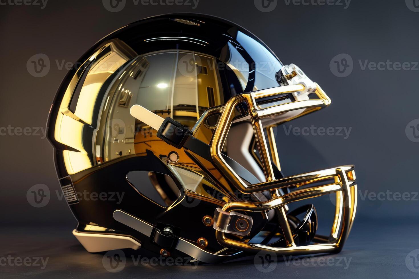 Black and gold american football helmet reflecting a stadium lights photo