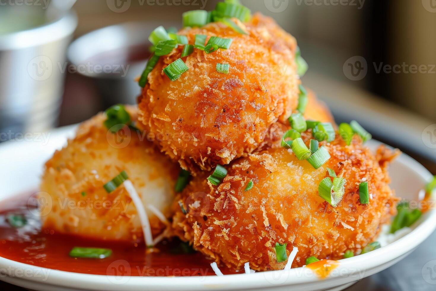Delicious deep fried arancini rice balls being served with spicy sauce and green onions photo