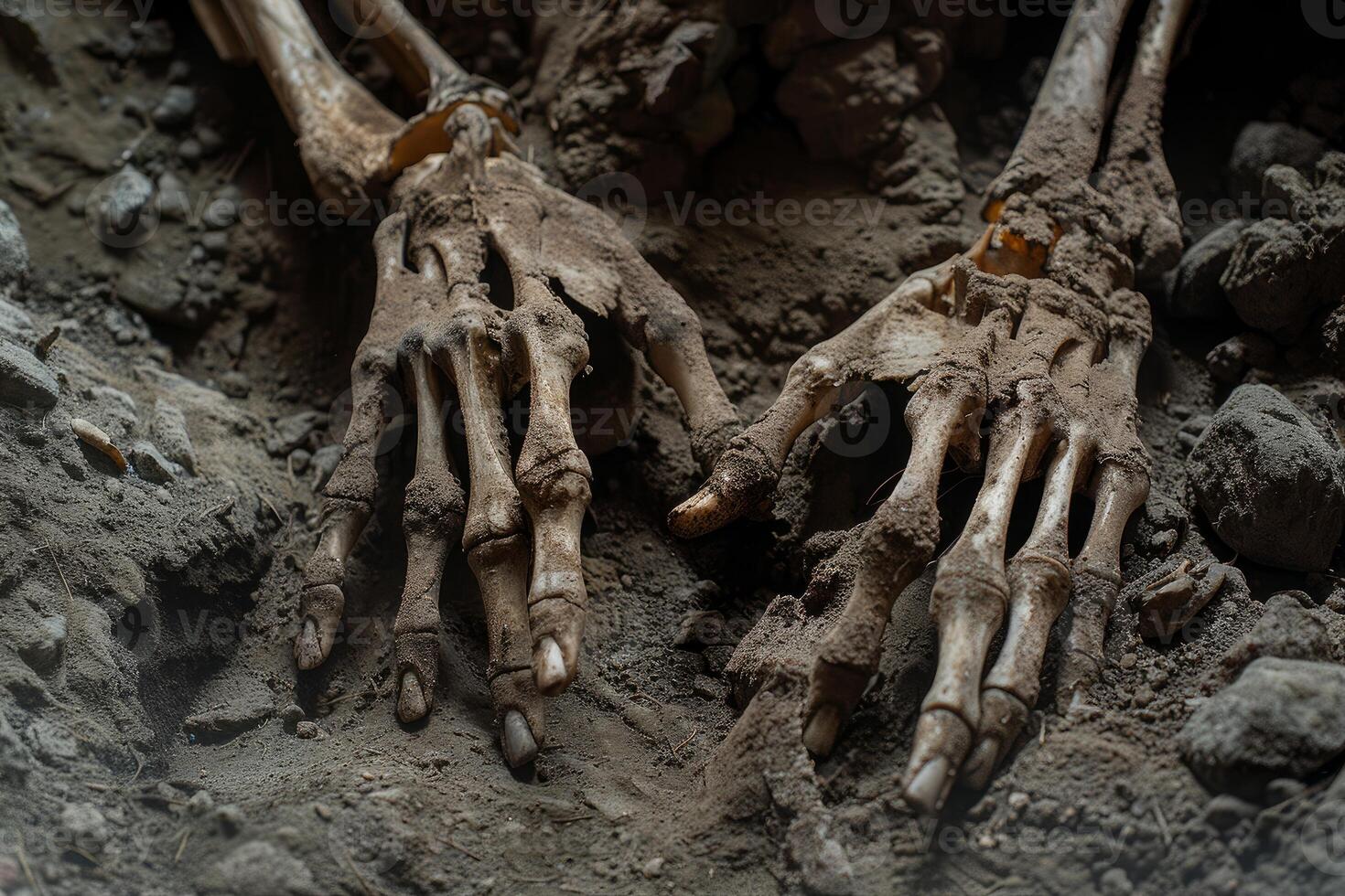 Human skeleton hands resting in dirt with rocks photo