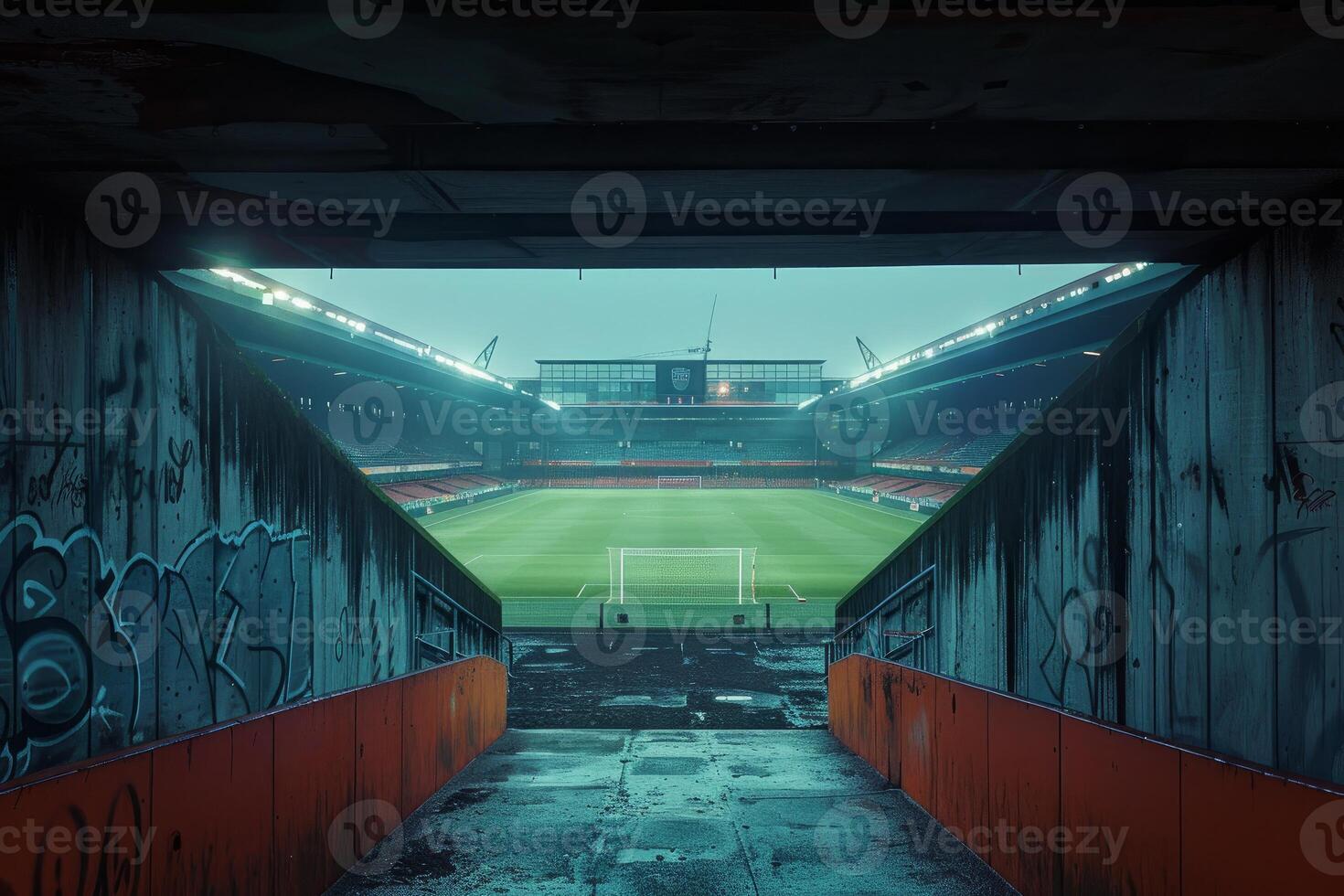 Empty football stadium pitch seen from players tunnel access with graffiti photo
