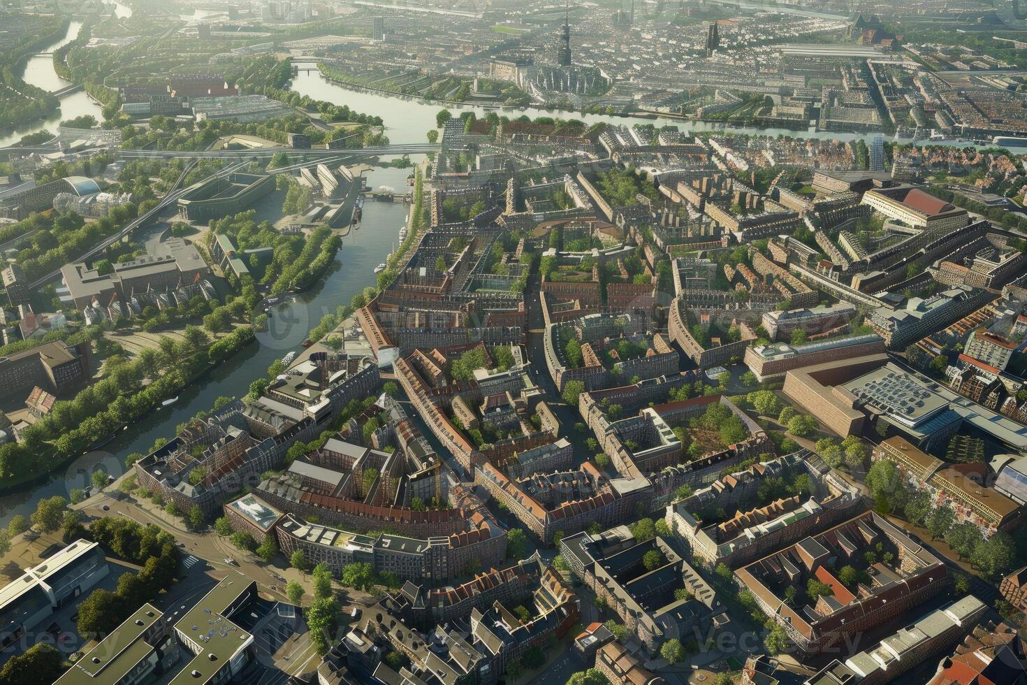 Modern cityscape with buildings, river and green areas on sunny summer day photo