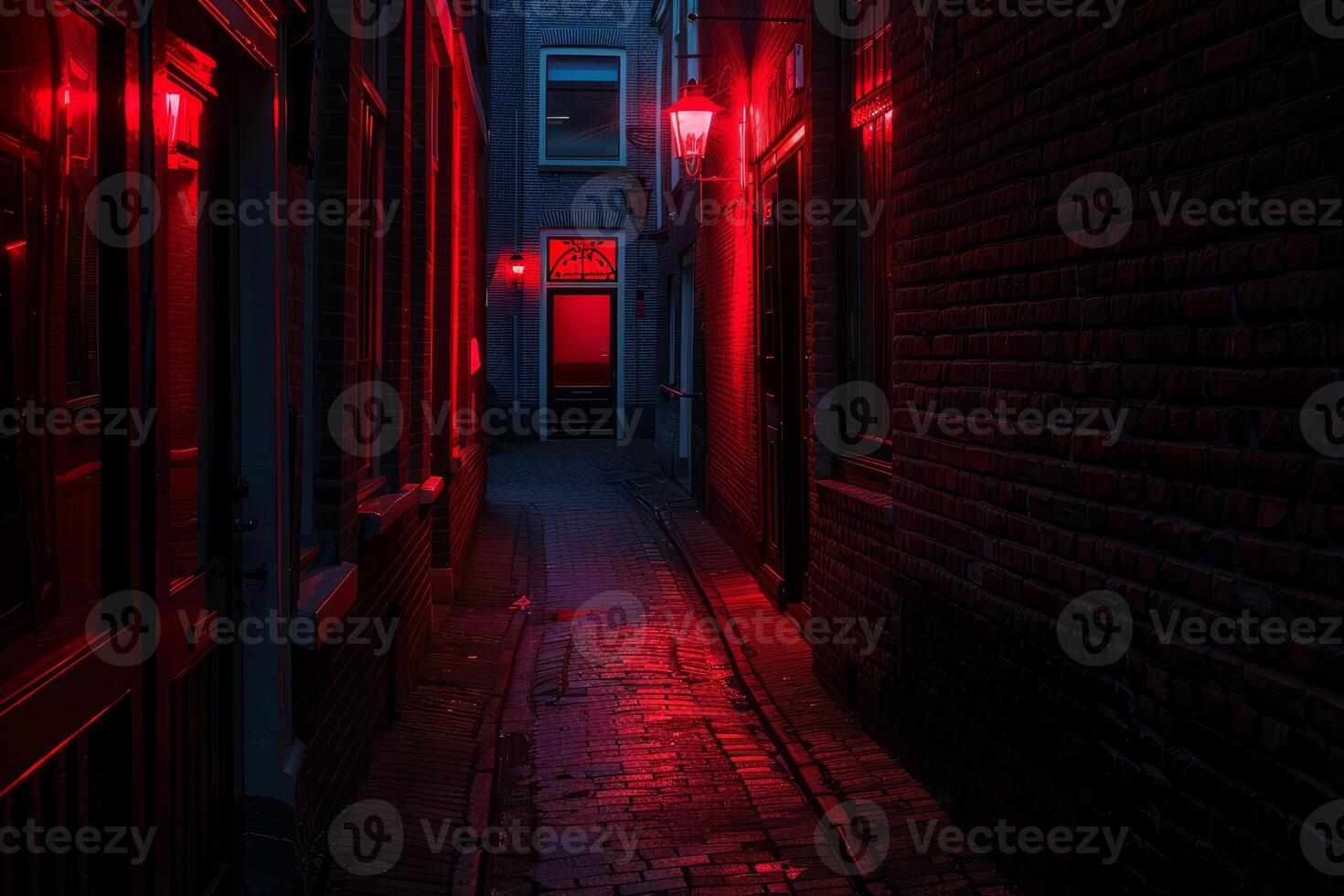 Red light district alley leading to open door at twilight photo