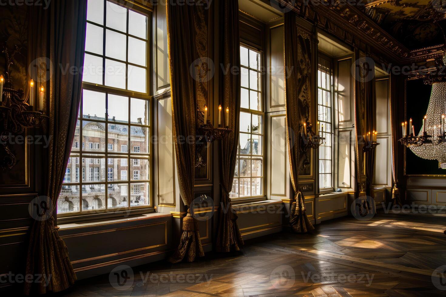 Sunlight illuminating empty ballroom with a view on a historic building photo
