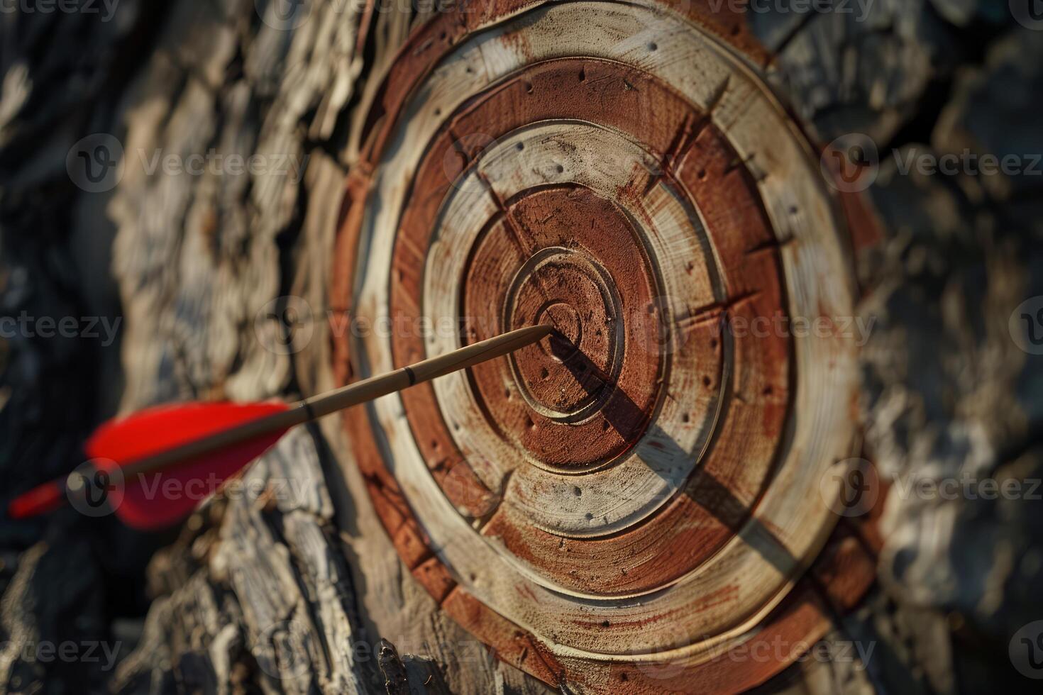Red arrow hitting the center of an old target on a tree trunk photo