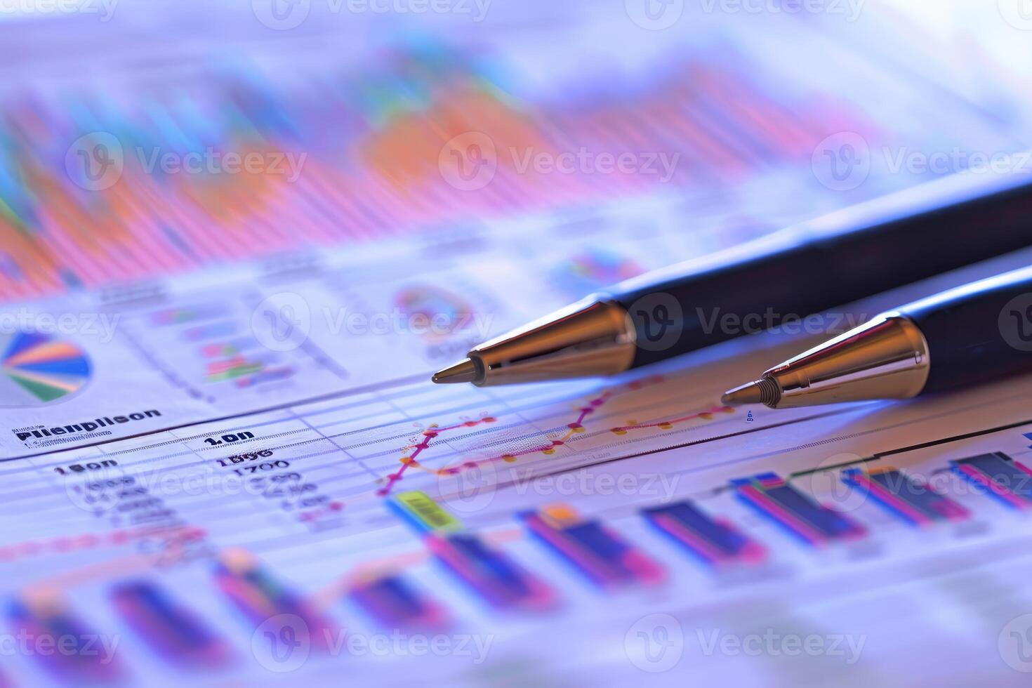 Two pens lying on business report with charts and tables photo
