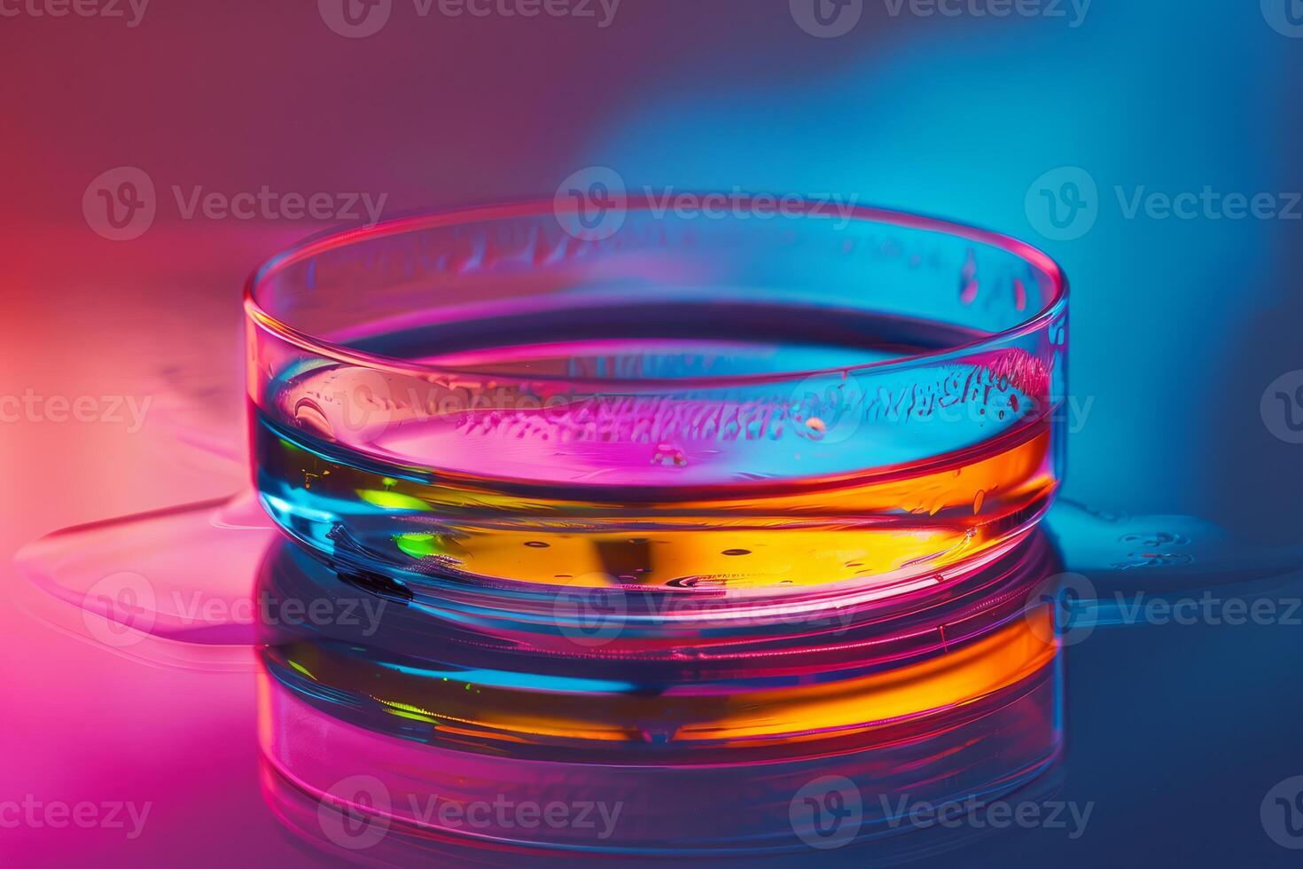 Petri dish containing liquid under colorful lighting reflecting on surface photo