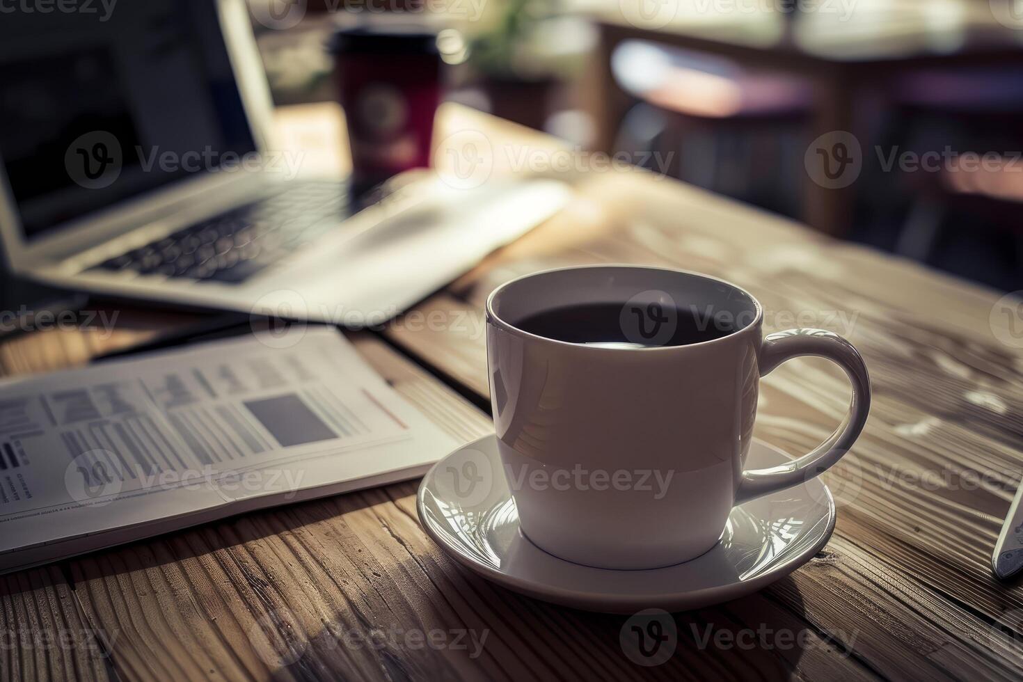 Cup of coffee waiting on a wooden table while person is working on laptop computer photo