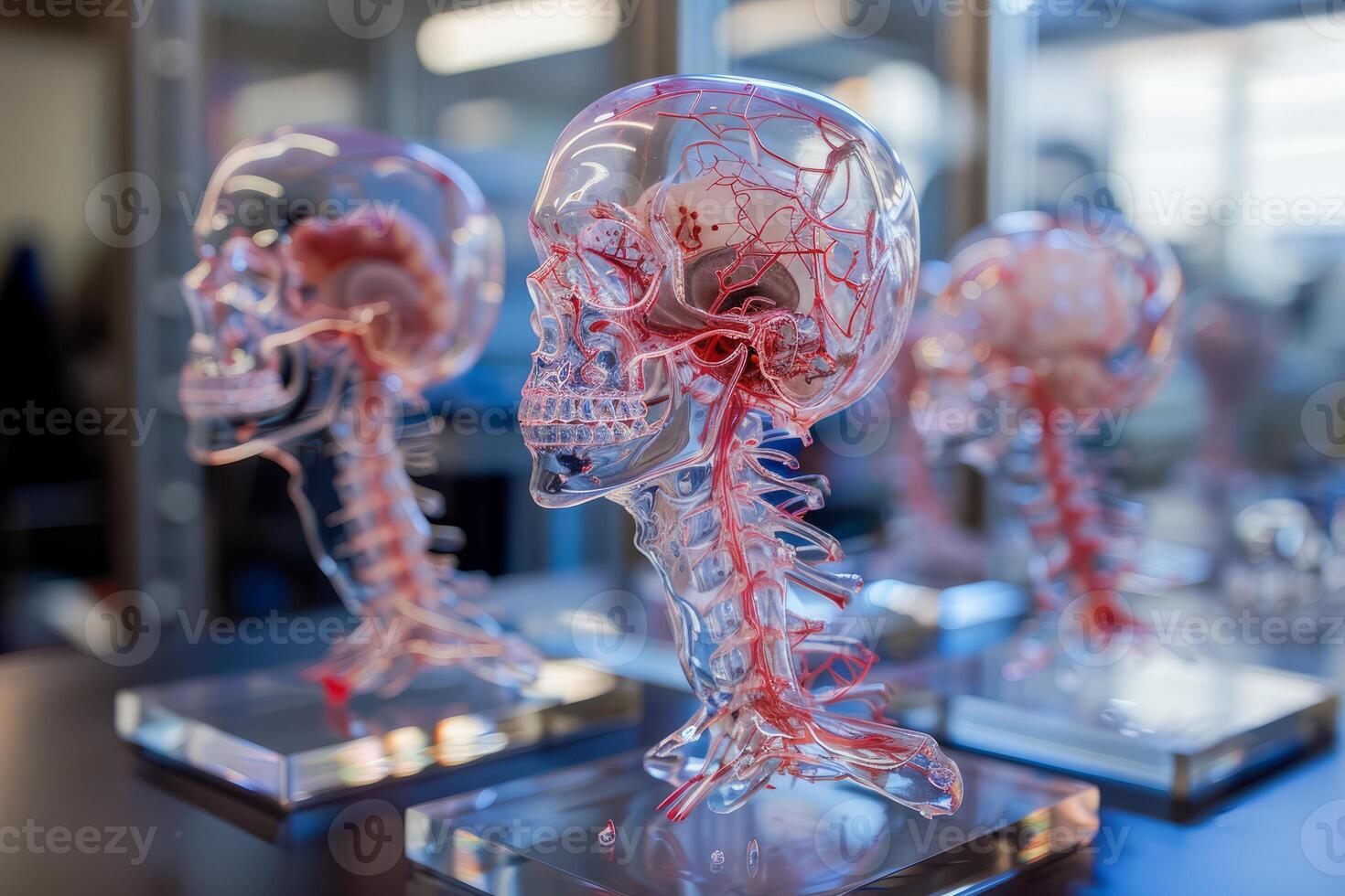 Transparent anatomical skull model showing brain and blood vessels photo