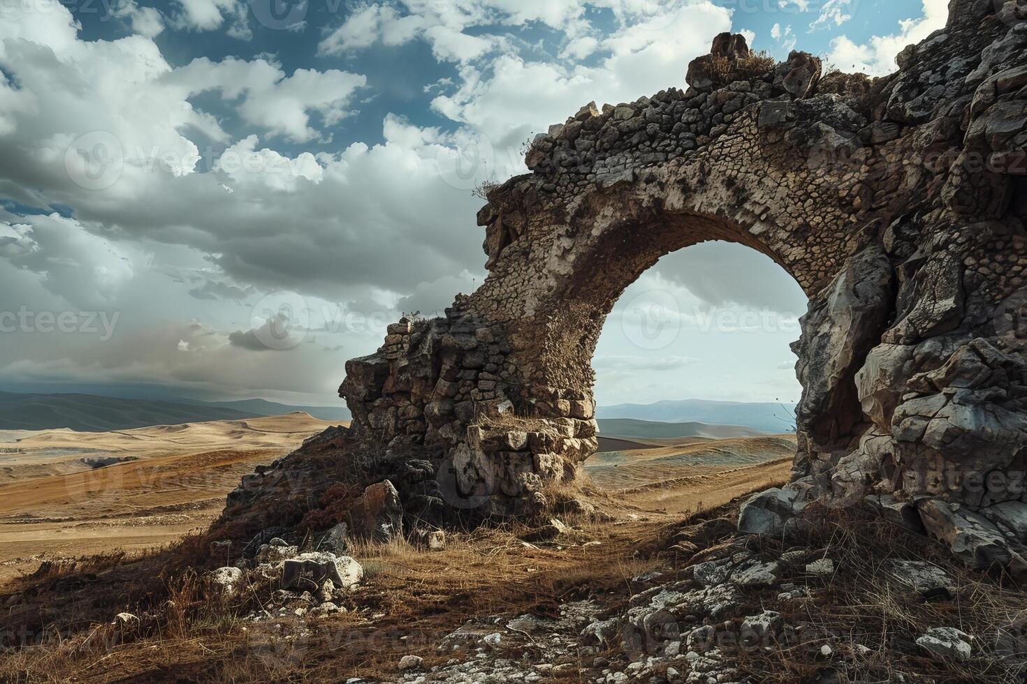 Ancient stone archway standing in a desolate landscape photo