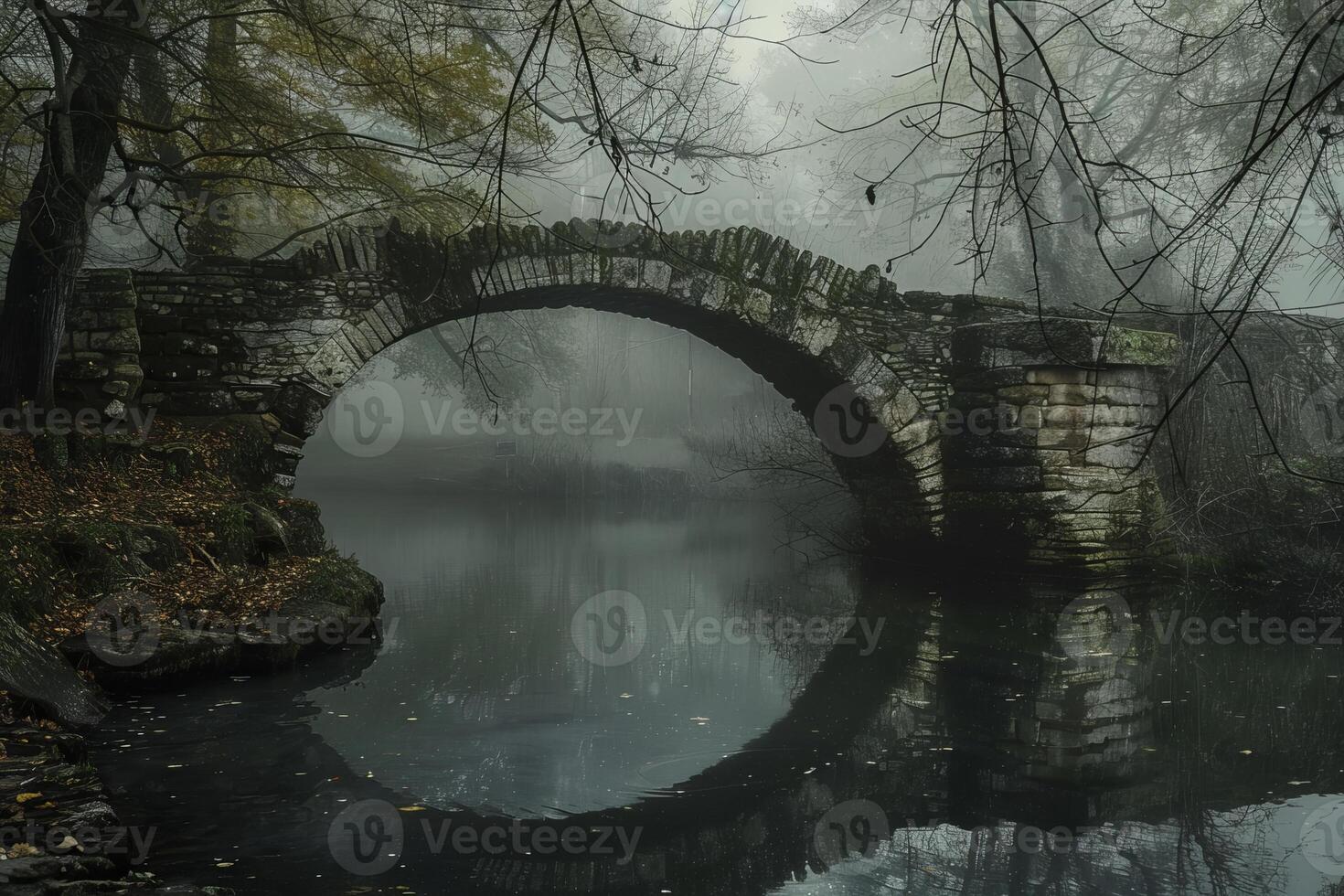 Ancient stone bridge reflecting in the water of a foggy forest photo