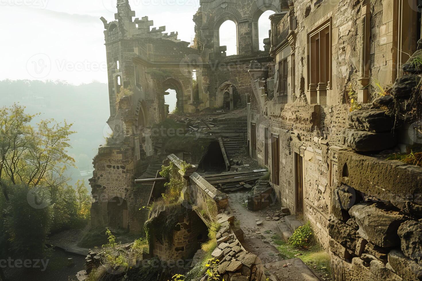 Ruined walls and overgrown stone pathway of crumbling medieval castle photo