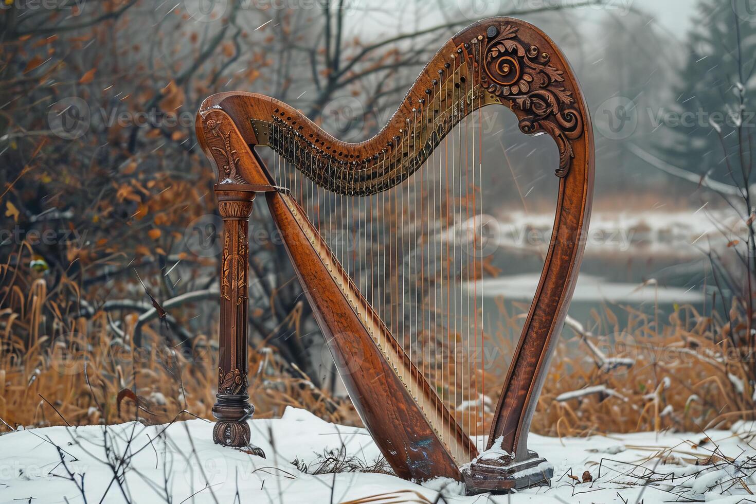 Elegant harp standing in the snow by the river during winter photo