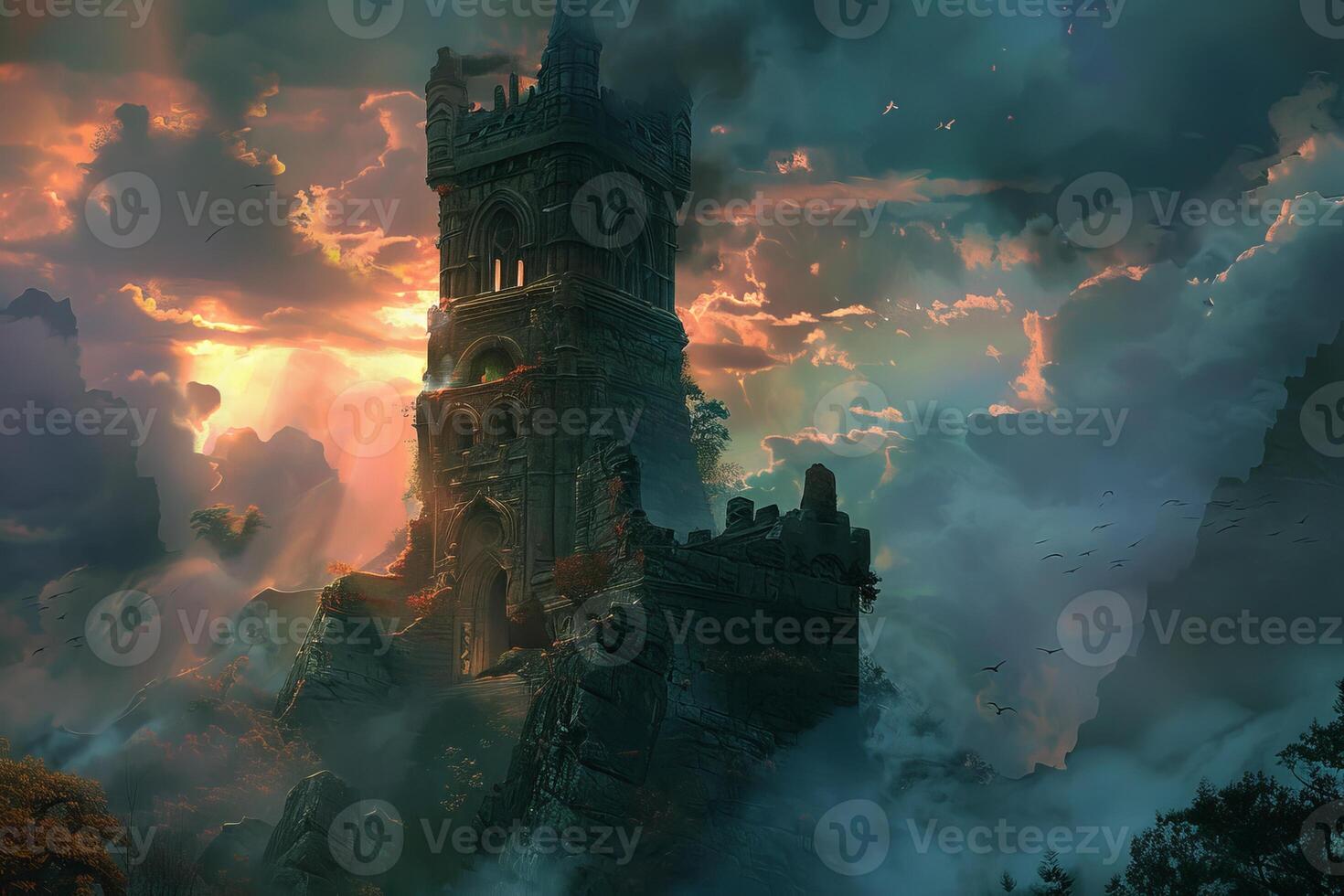 Ancient stone tower standing on mountain peak at sunset photo