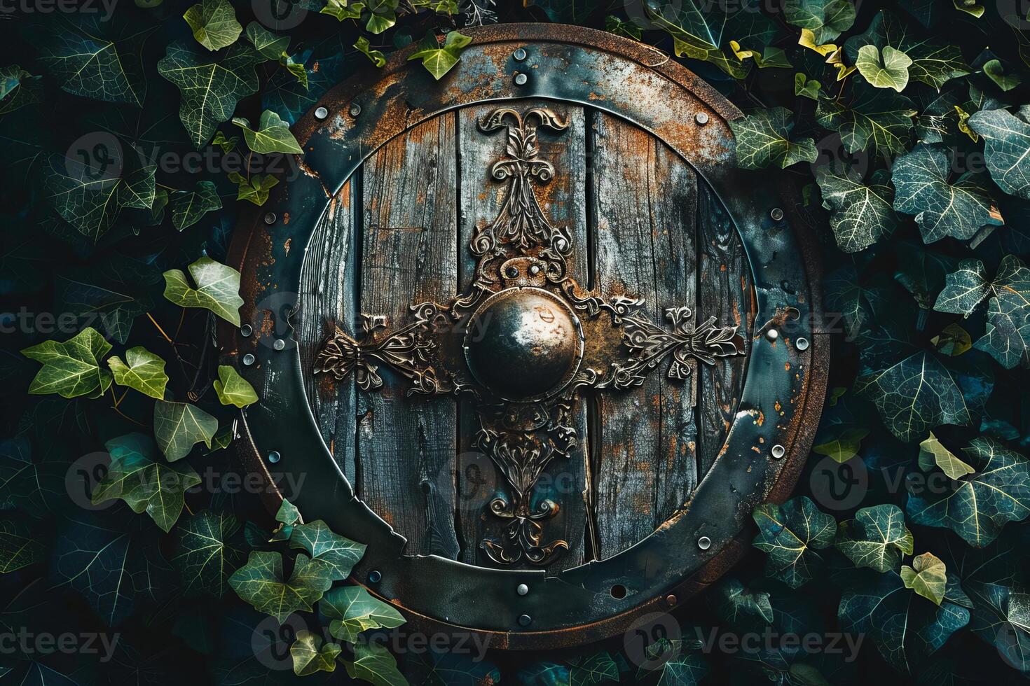Old decorative metal and wood viking shield covered in green ivy photo