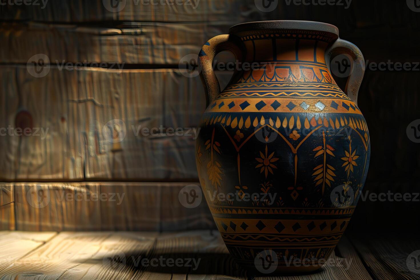 Ancient greek clay vase standing on wooden rustic table in the spotlight photo
