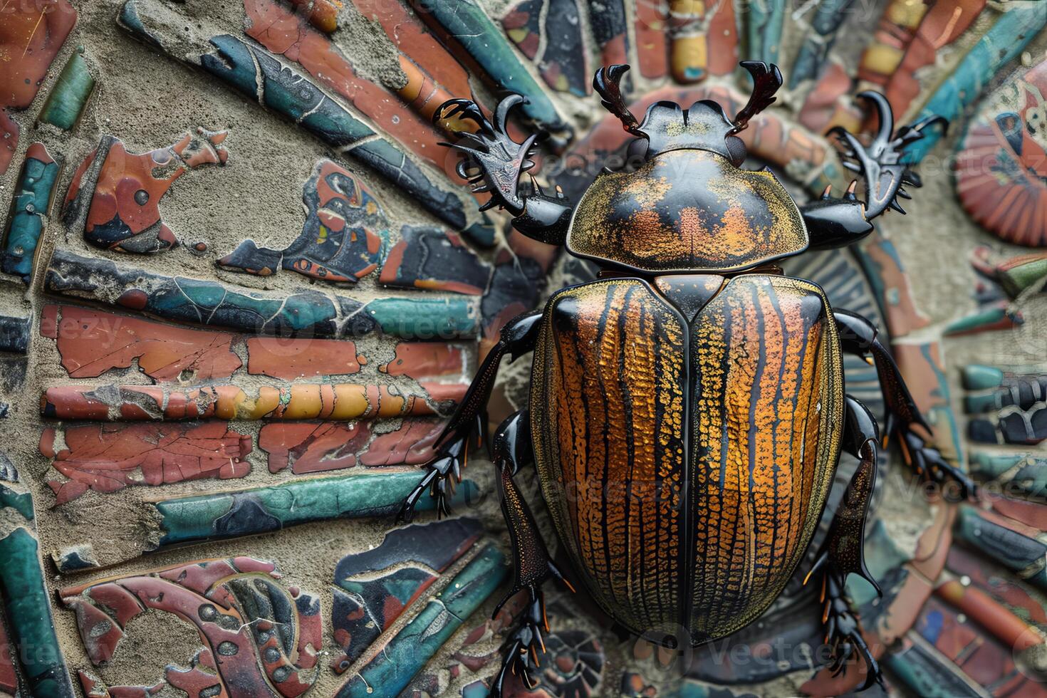 Large golden scarab beetle posing on colorful mosaic background photo