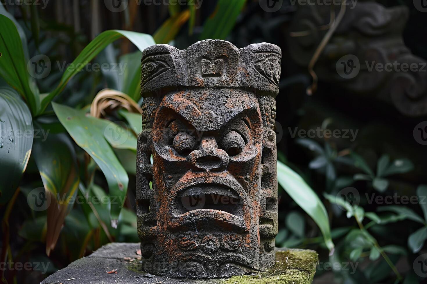 Ancient mayan stone statue depicting deity with angry expression surrounded by lush greenery photo