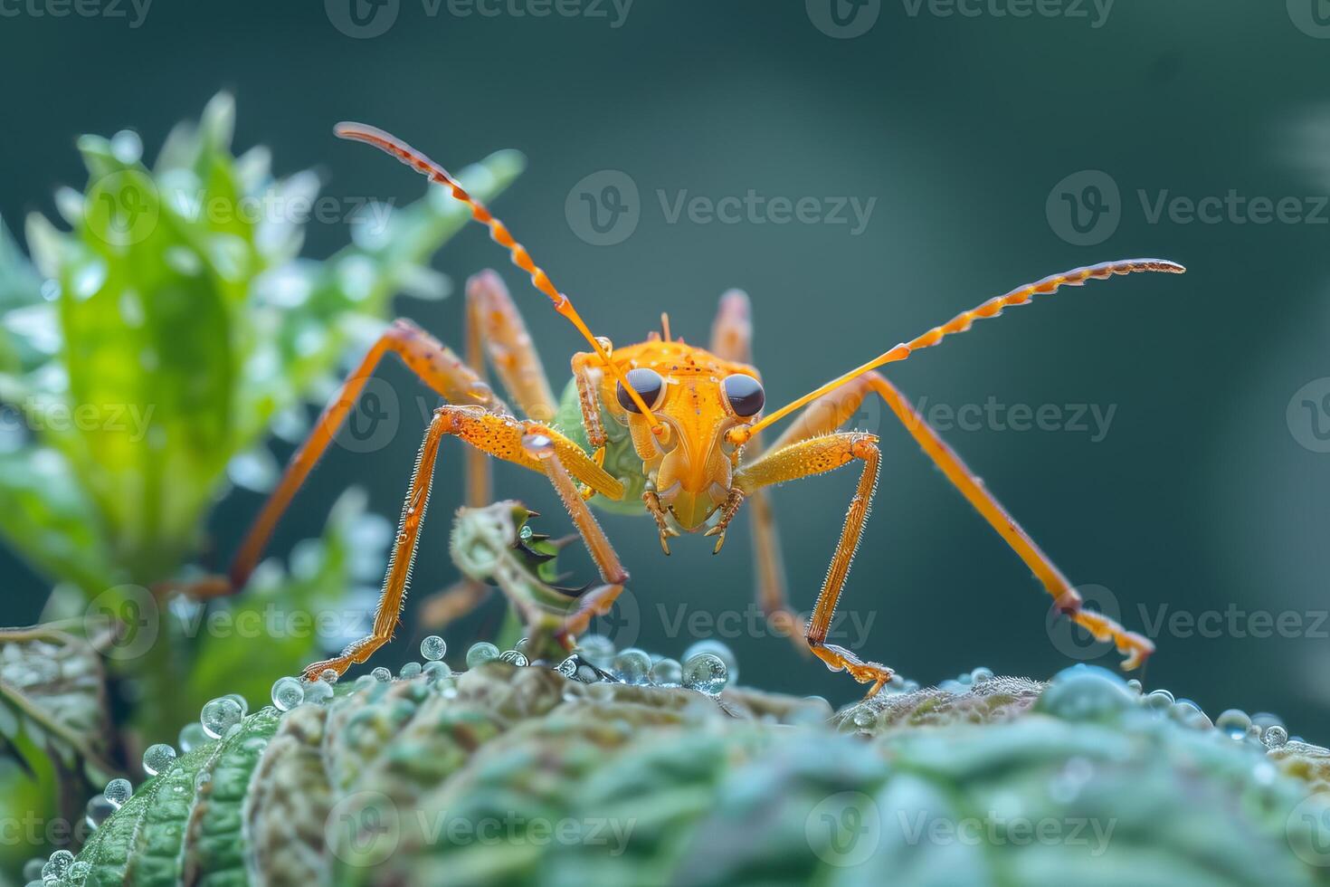 Orange insect standing on a green leaf covered in dew drops photo
