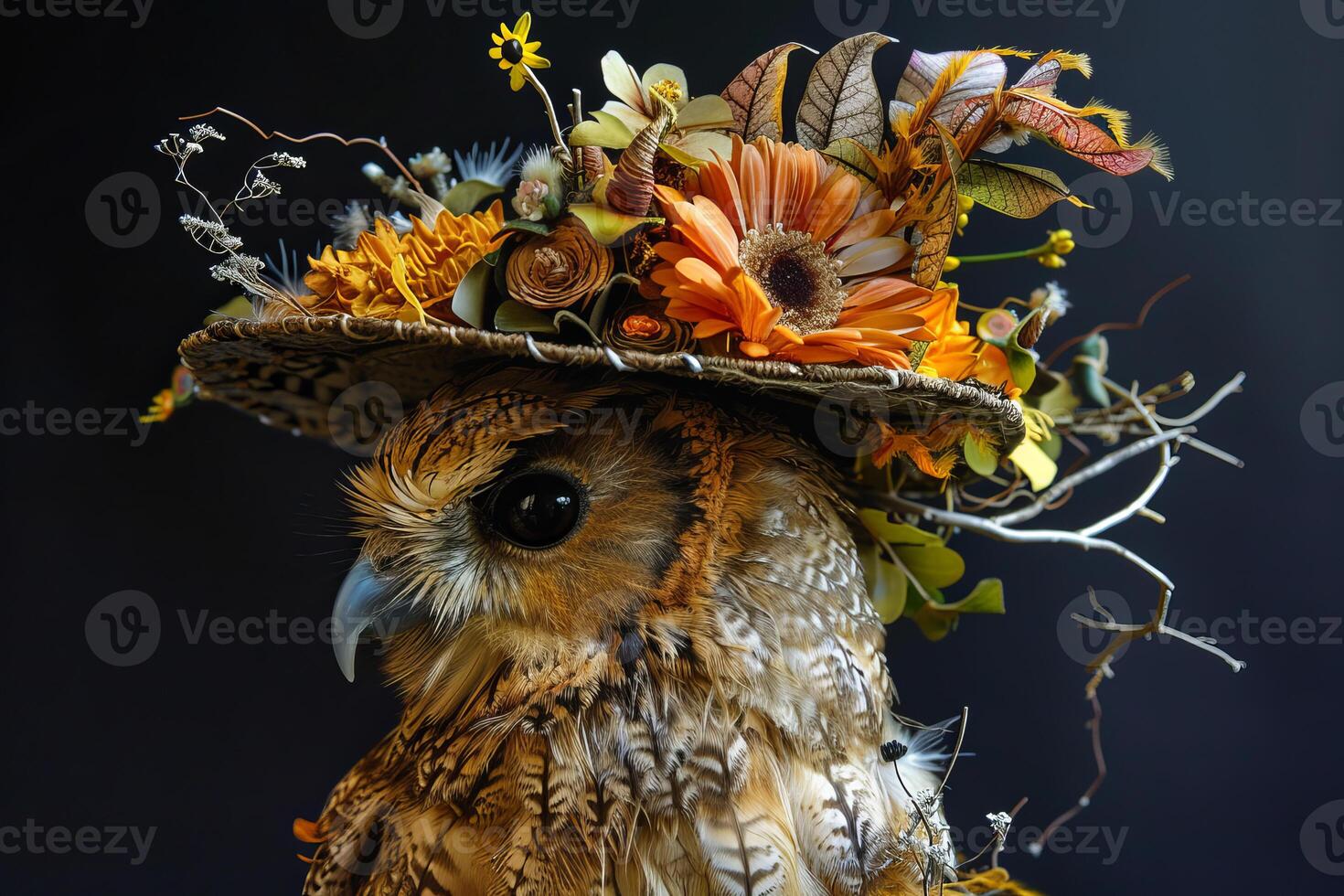 Owl wearing extravagant floral hat posing on black background photo