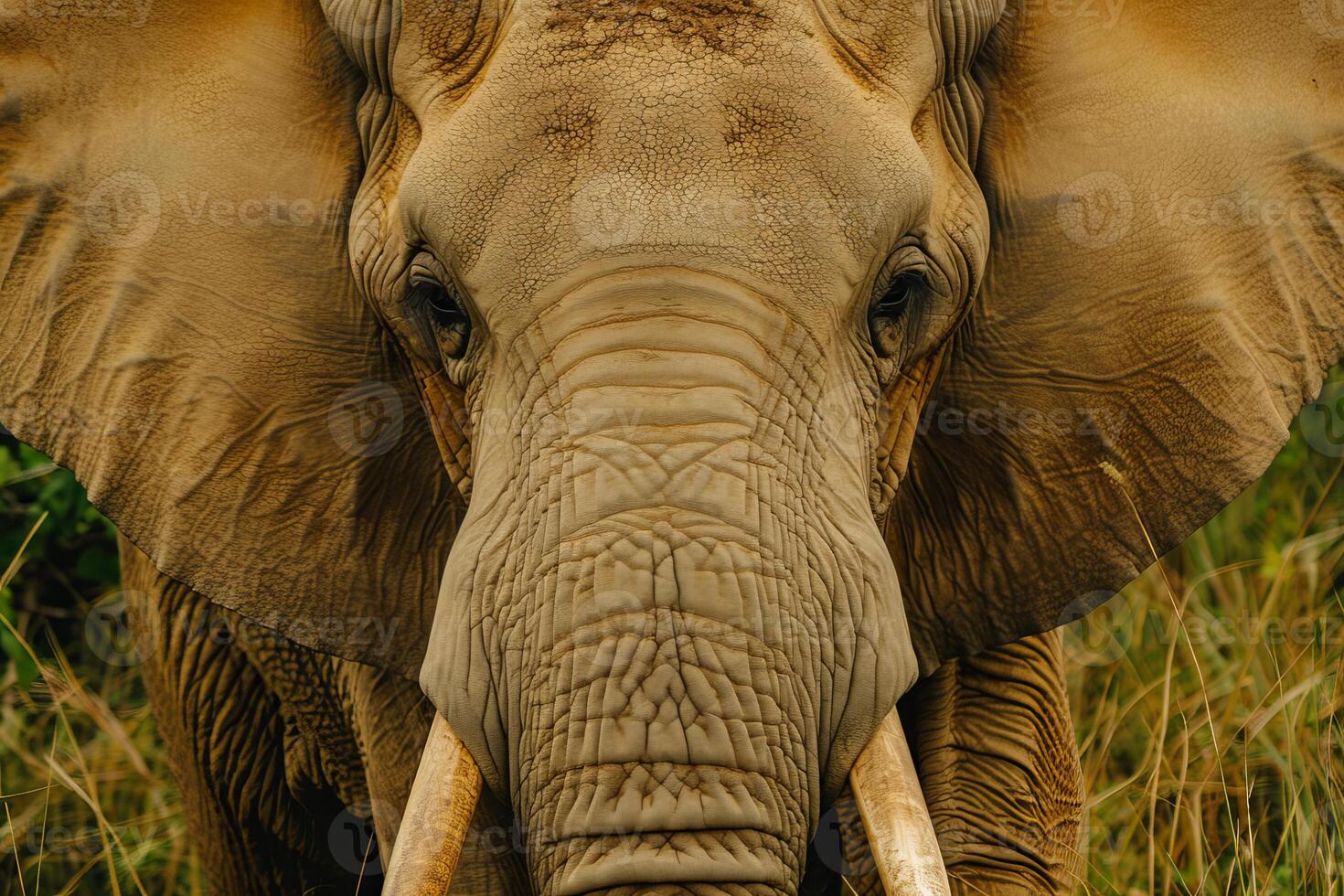 Large african elephant showing its tusks is looking at the camera photo