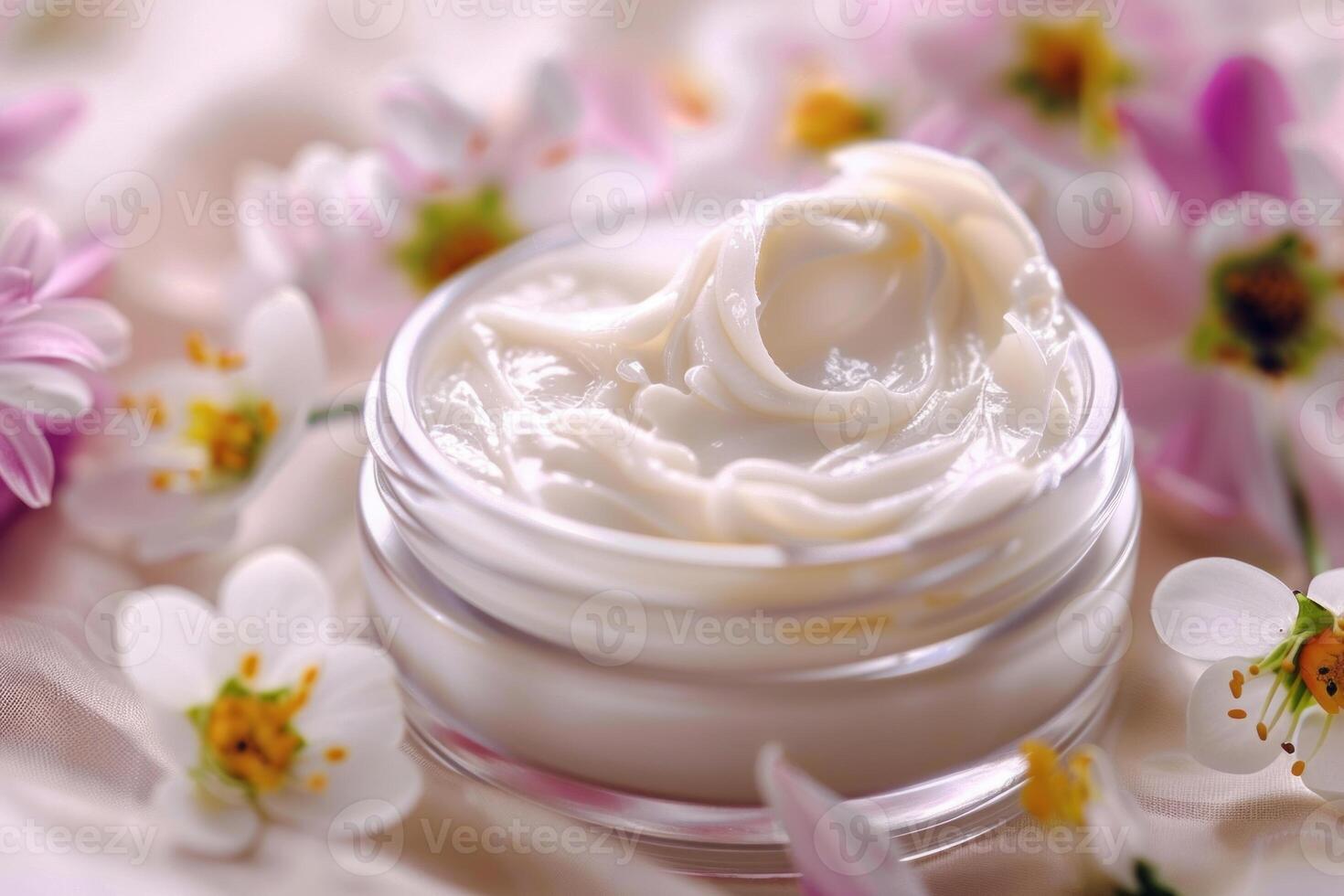 Jar of face cream surrounded by pink and white flowers photo
