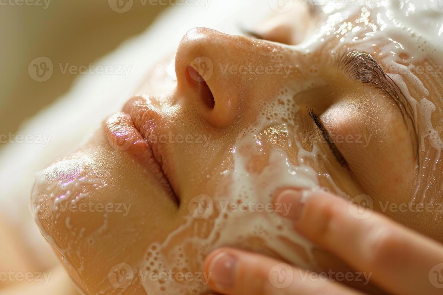 Beautician applying cleansing foam mask on woman face photo