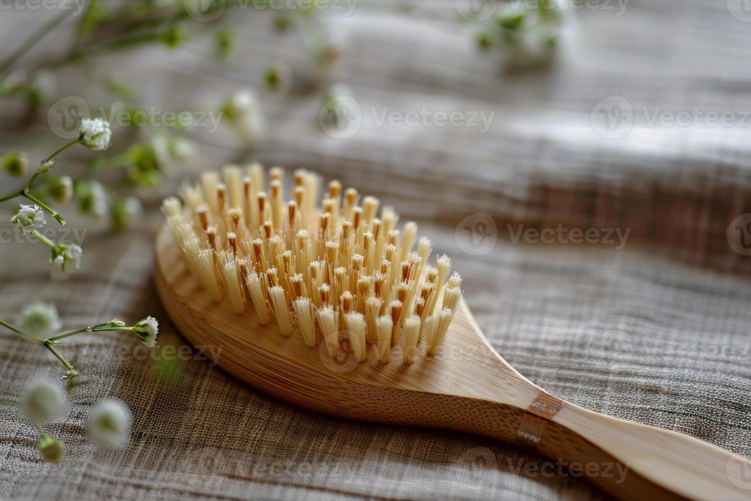 Natural bamboo massage brush for body skin care lying on linen fabric photo