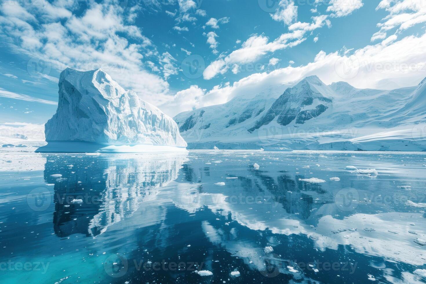Giant iceberg reflecting in the ocean water near snowy mountains photo