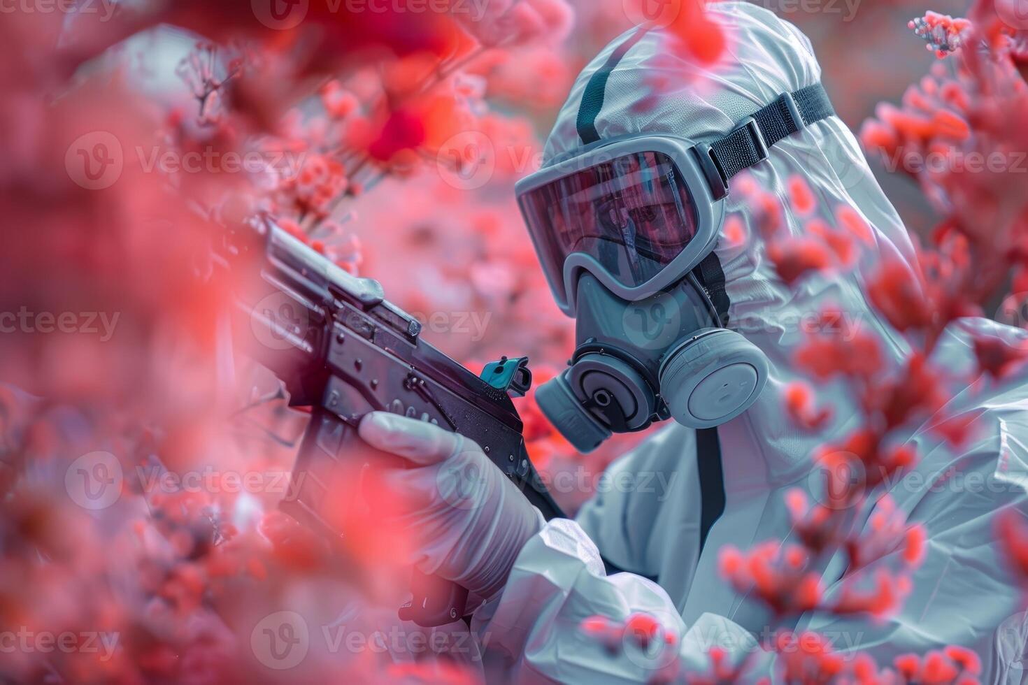 Soldier wearing gas mask holding gun in flower field photo