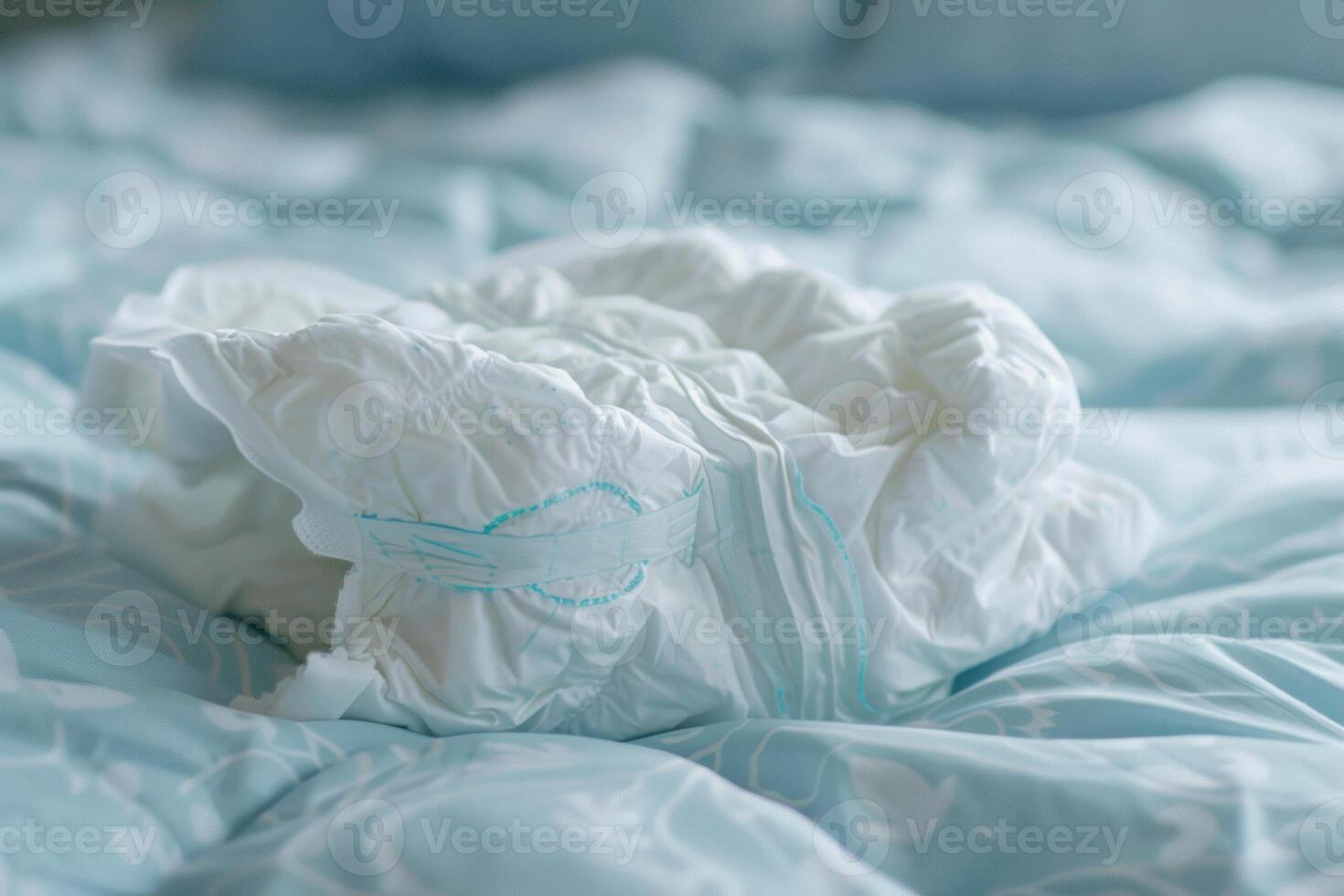 White adult diaper lying on a bed with blue sheets photo