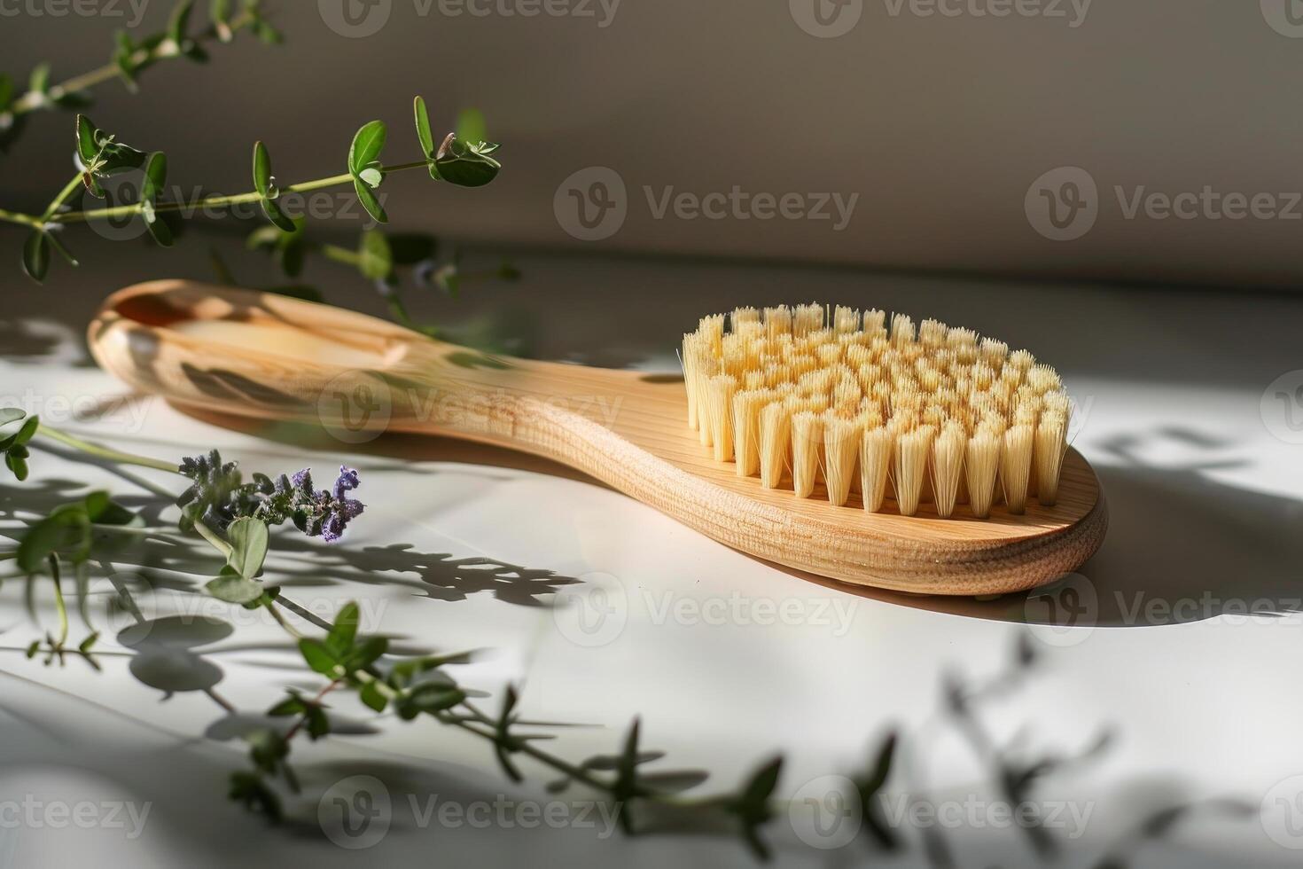 Wooden bath brush for dry massage on white table with lavender and herbs is creating shadows photo