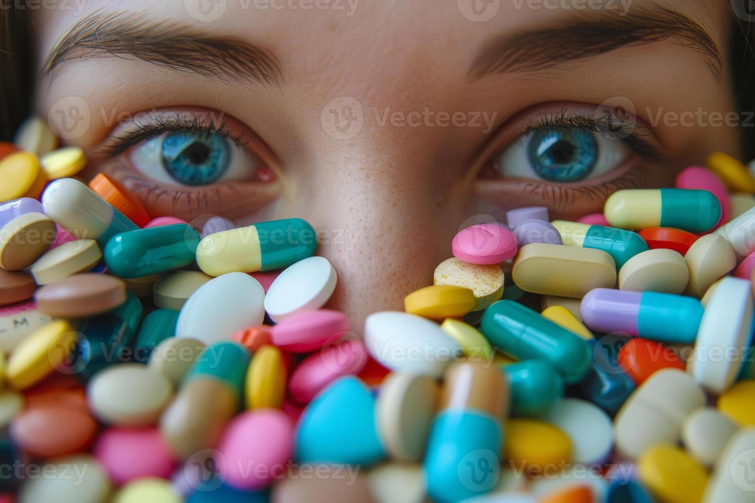 Young woman surrounded by colorful pills looking at camera photo