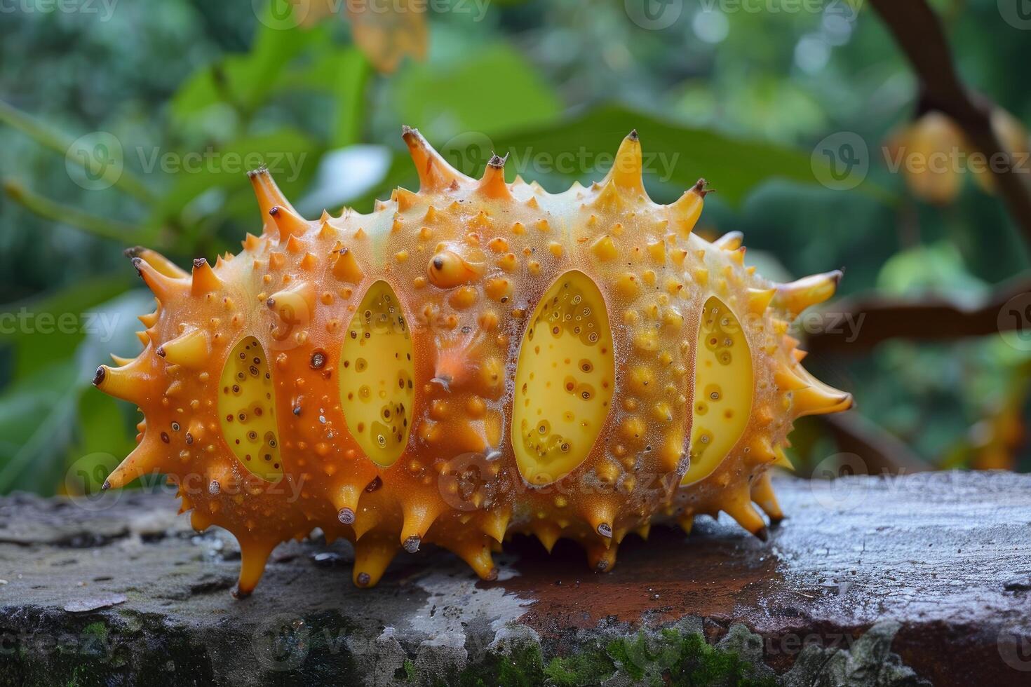 Ripe kiwano fruit resting on a mossy stone ledge photo