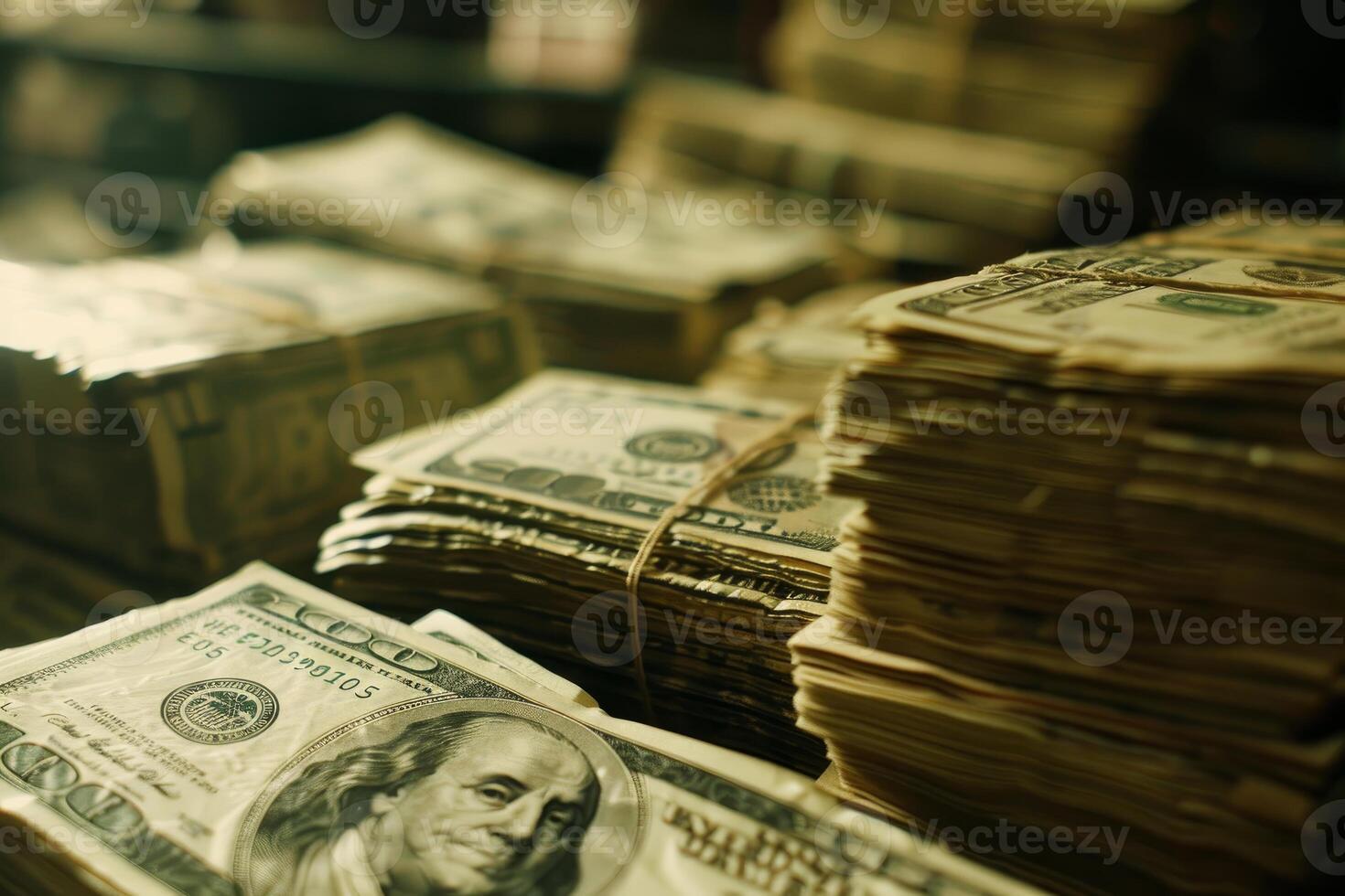 One hundred dollar bills stacked showing benjamin franklin portrait photo