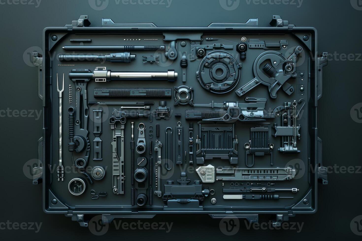 Futuristic mechanical components organised neatly inside case photo