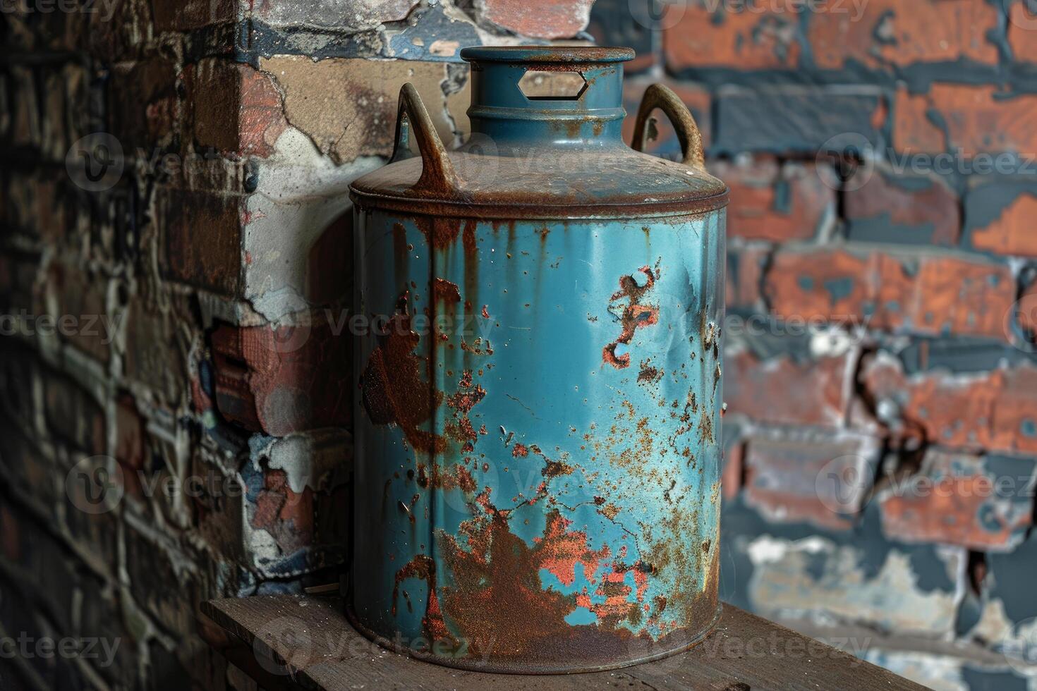 Old rusty blue metal milk can sitting on a shelf against a brick wall photo