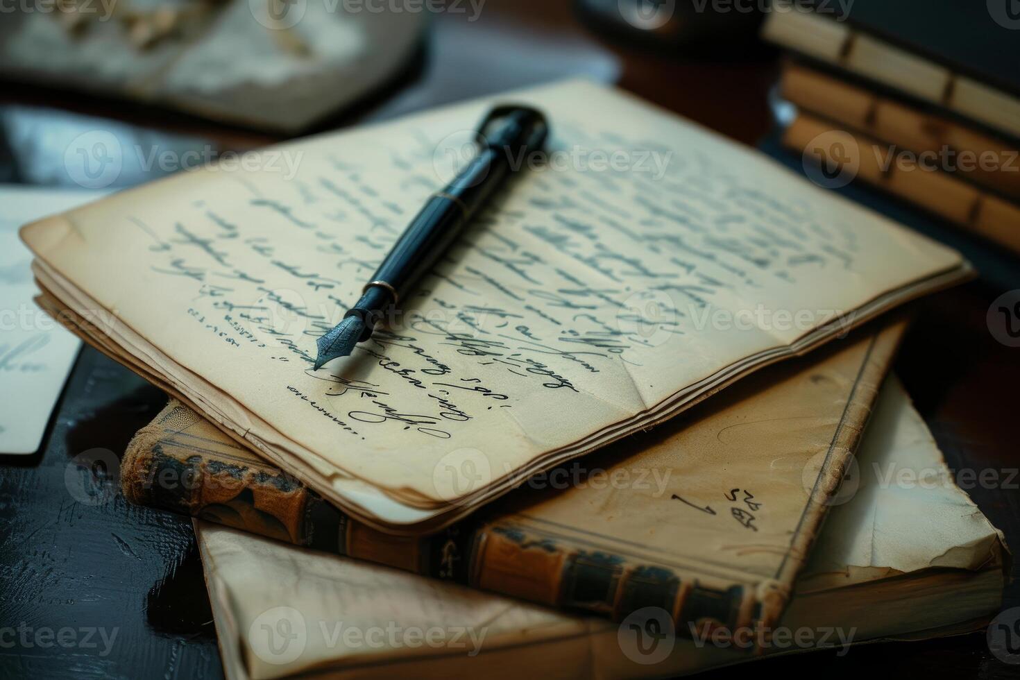 Old fountain pen resting on open antique book with handwritten text photo