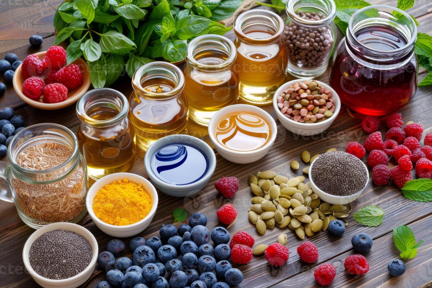 Selection of superfoods promoting healthy lifestyle on rustic wooden background photo