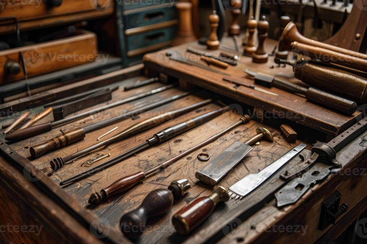 Vintage instruments laying on a workbench in a workshop photo