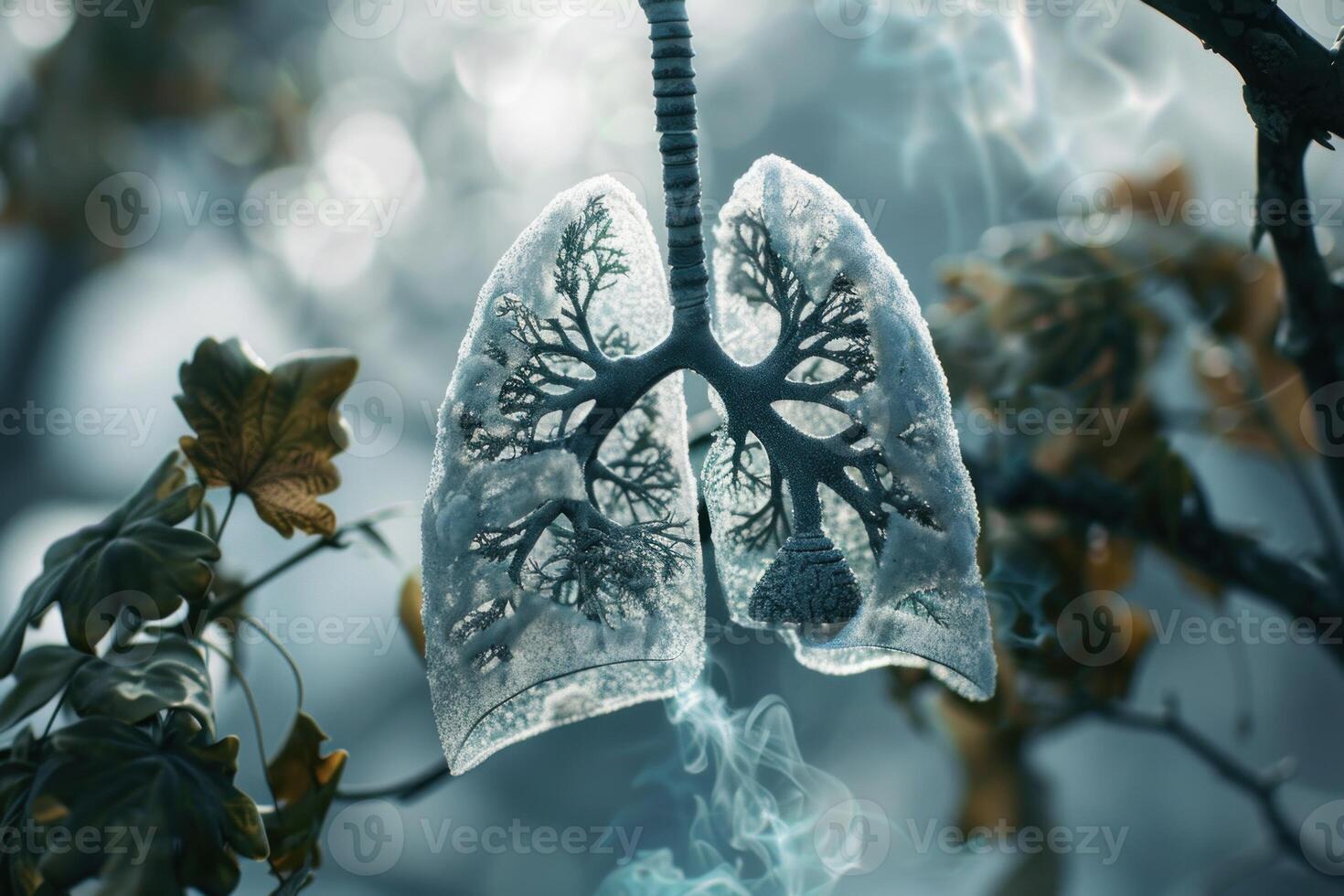 Frozen lungs hanging from a tree branch are surrounded by smoke photo