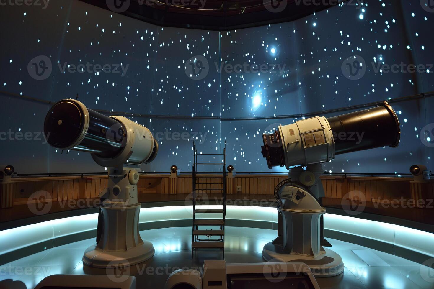 Two telescopes pointing at projected stars on a planetarium dome ceiling photo