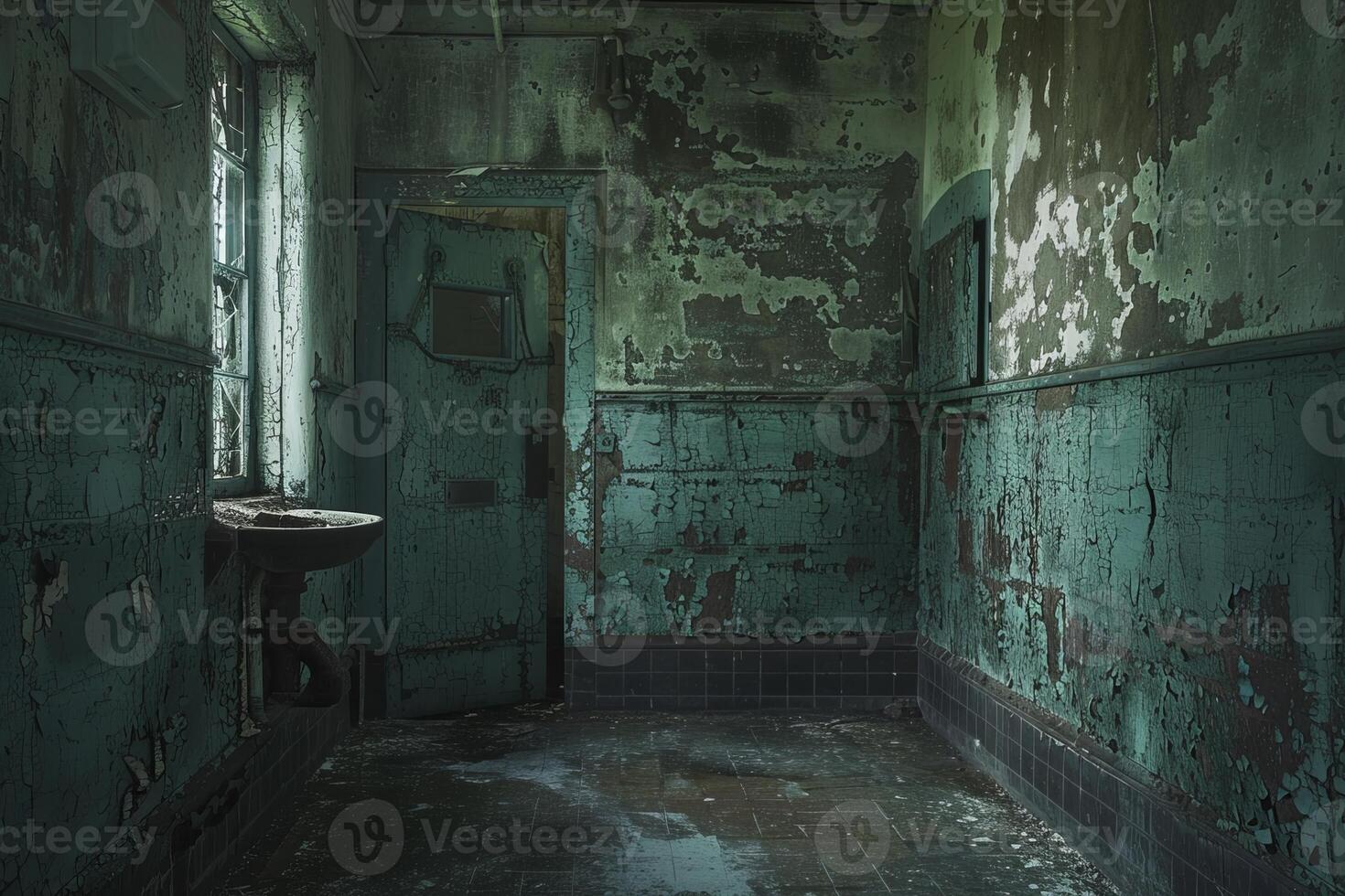 Old asylum room showing signs of neglect and decay photo