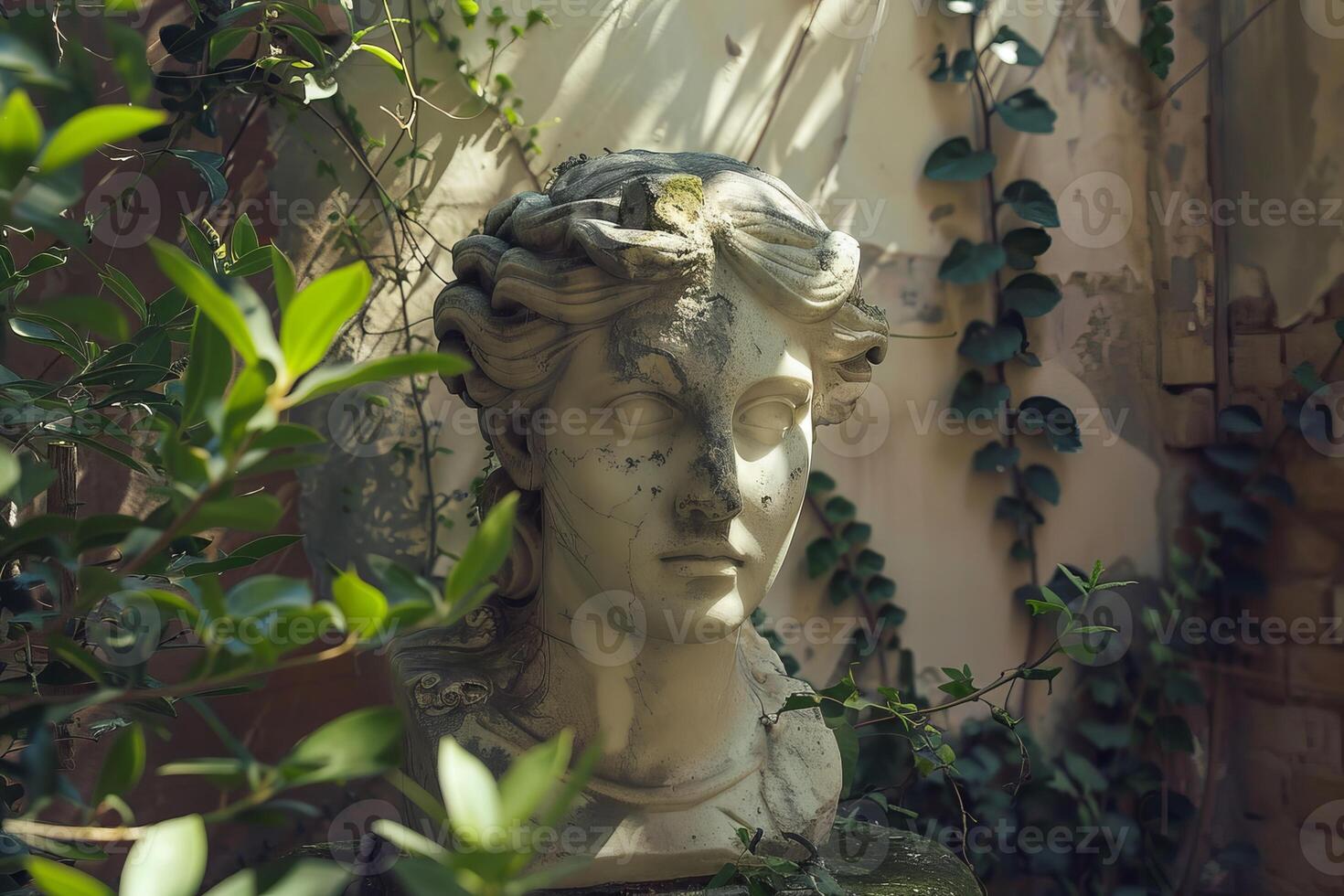 Ancient greek woman statue standing in overgrown ruins photo