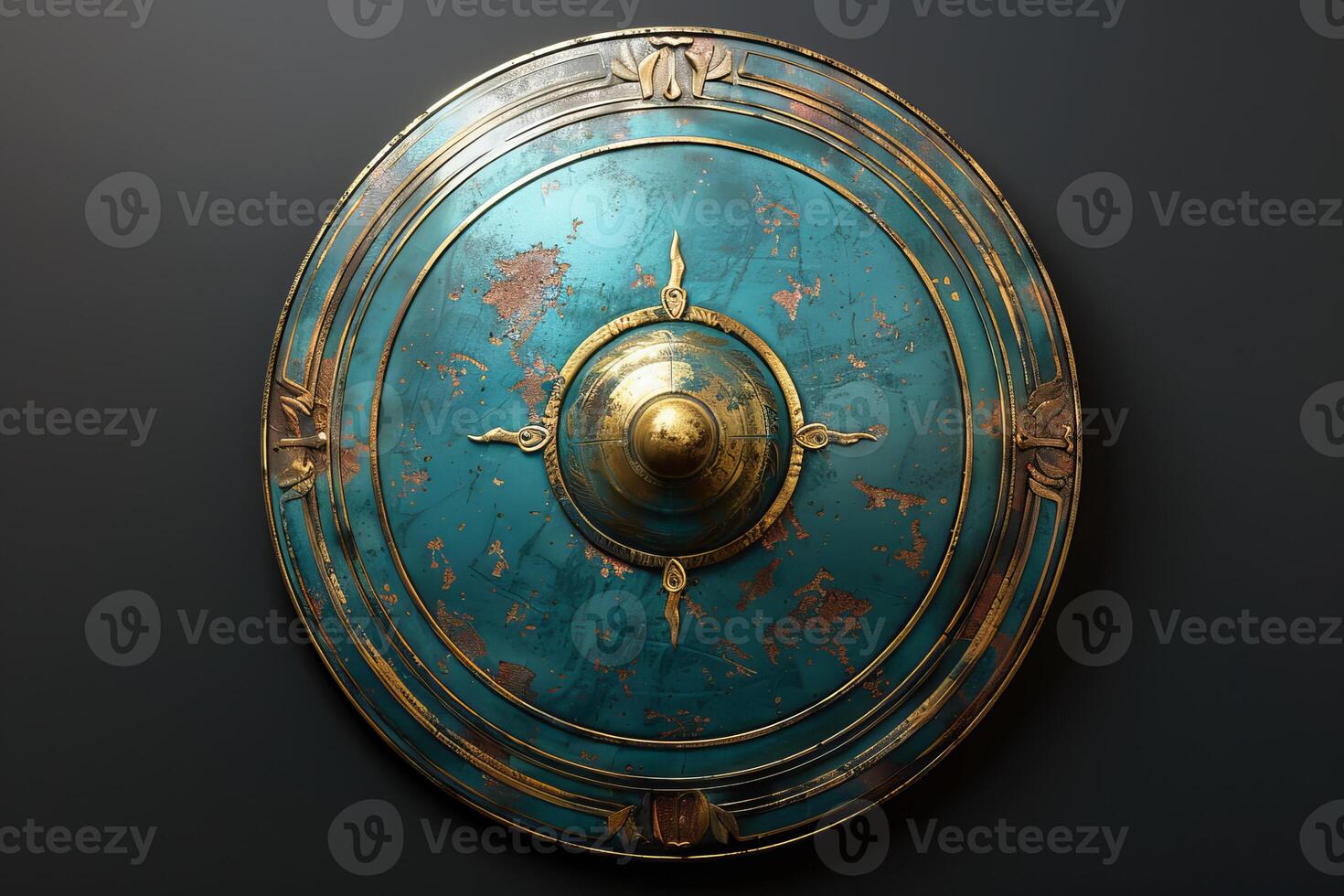 Ancient round shield showing the wear and tear of battle on dark background photo