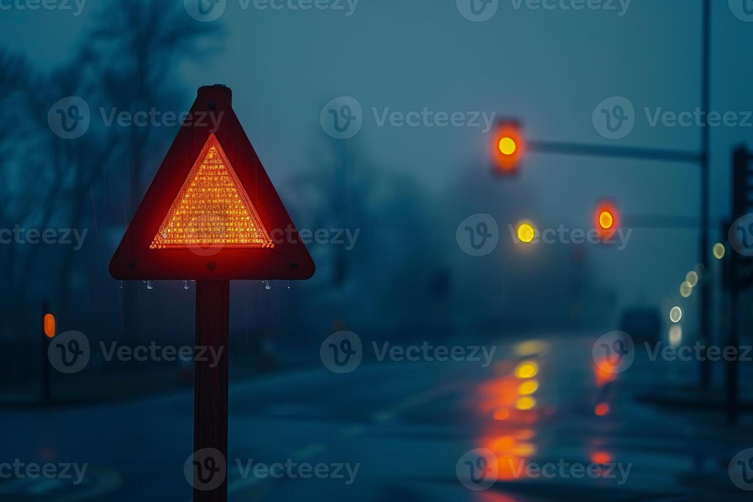 Warning triangle sign flashing on a rainy night with blurry traffic lights in the background photo