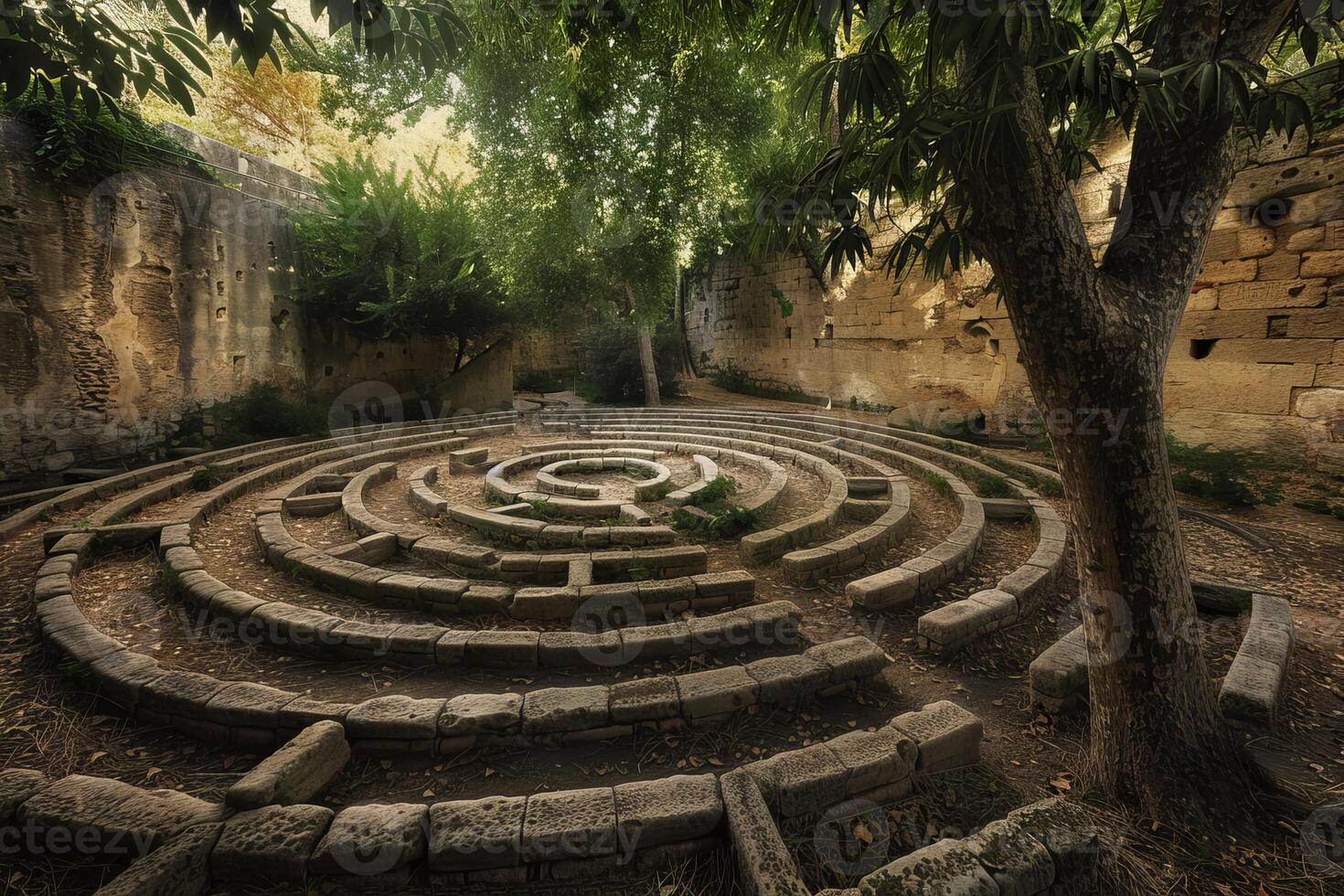 Stone circular labyrinth surrounded by trees and walls photo