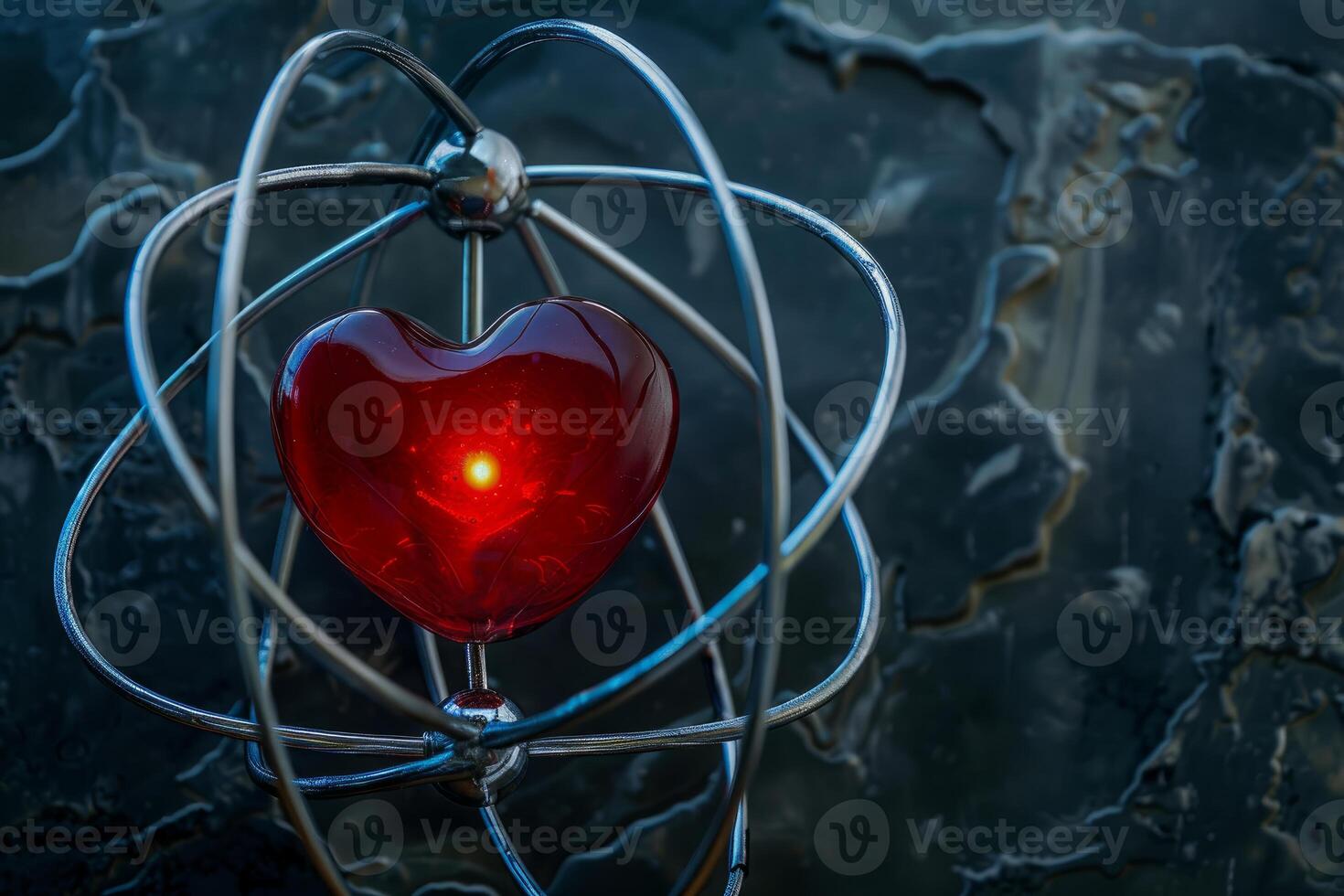 Red glass heart glowing inside of atomic structure model photo